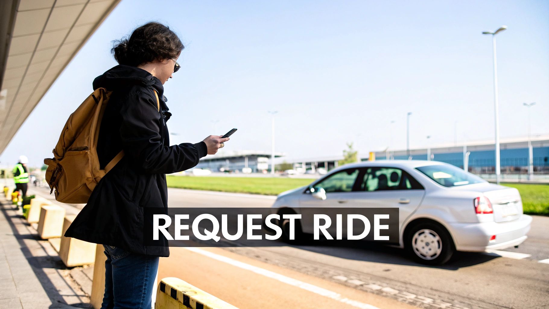 Ride Sharing Service for Airport Travel A Traveler's Guide A person stands by a road, looking at their smartphone to request a ride from a car.
