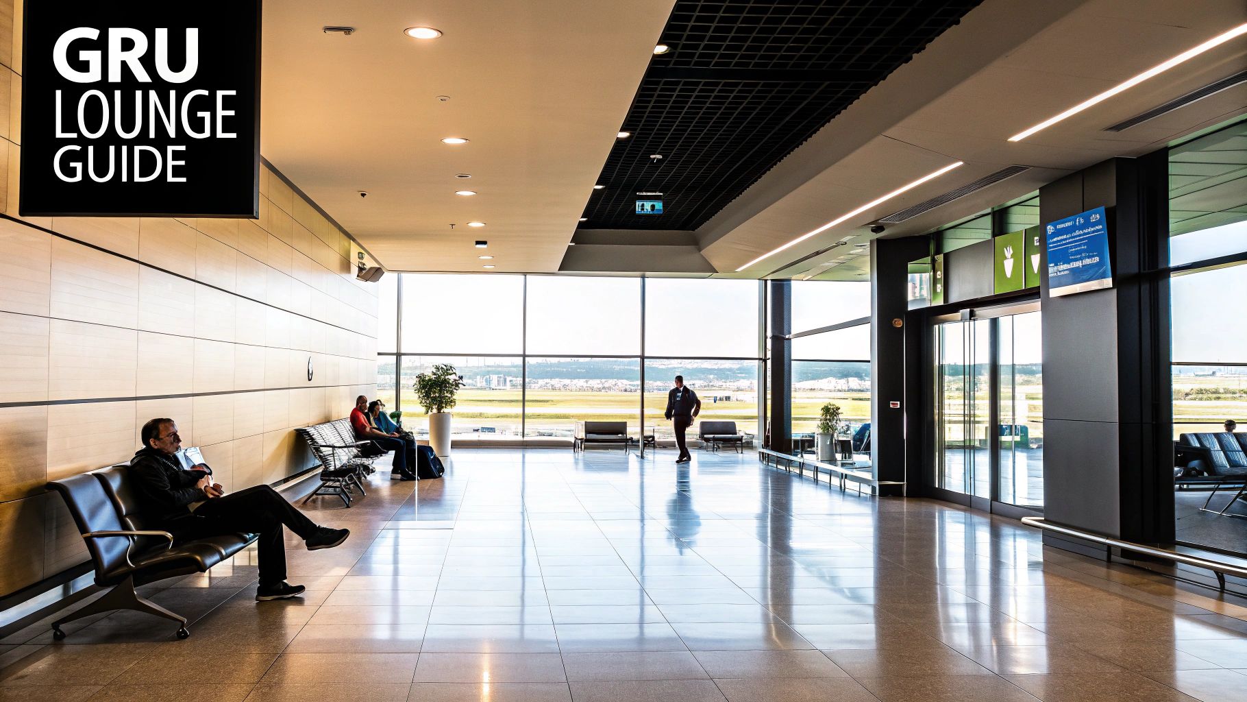 Your Ultimate Guide to the VIP Airport Lounge at GRU Spacious airport lounge with passengers waiting, large windows, and a view of the airfield.