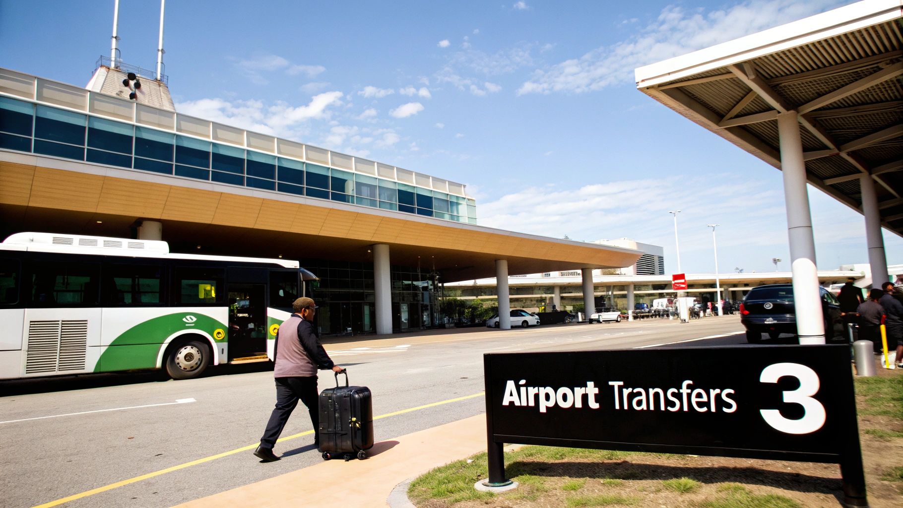 Navigating Aeroporto de Guarulhos Terminal 3 Traveler with luggage walking past Airport Transfers 3 sign at terminal with buses