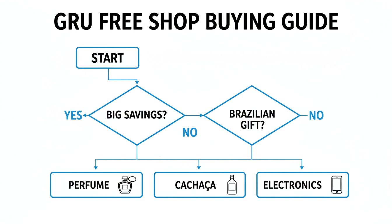 Your Guide to the Free Shop Guarulhos at GRU Airport Flowchart for GRU Free Shop buying guide, suggesting perfume, cachaça, or electronics based on savings or gift needs.