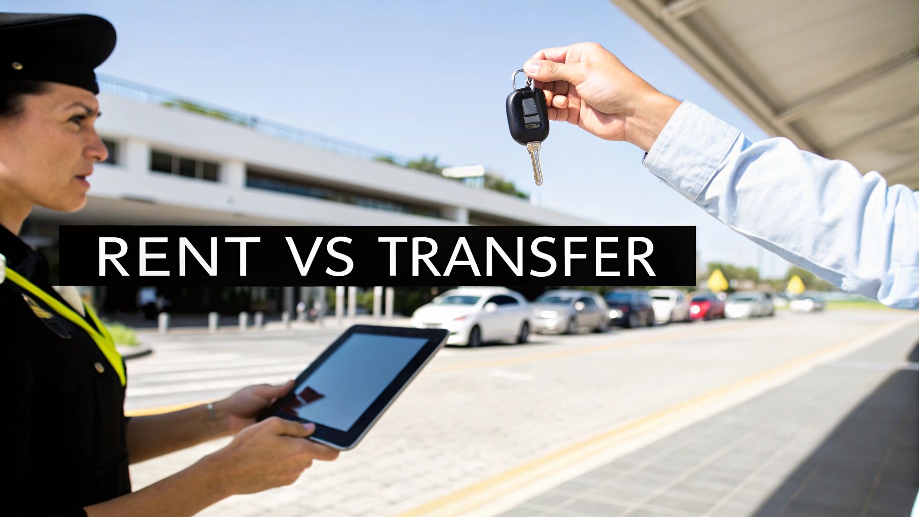 A uniformed woman with a tablet looks at a hand offering car keys at an airport.