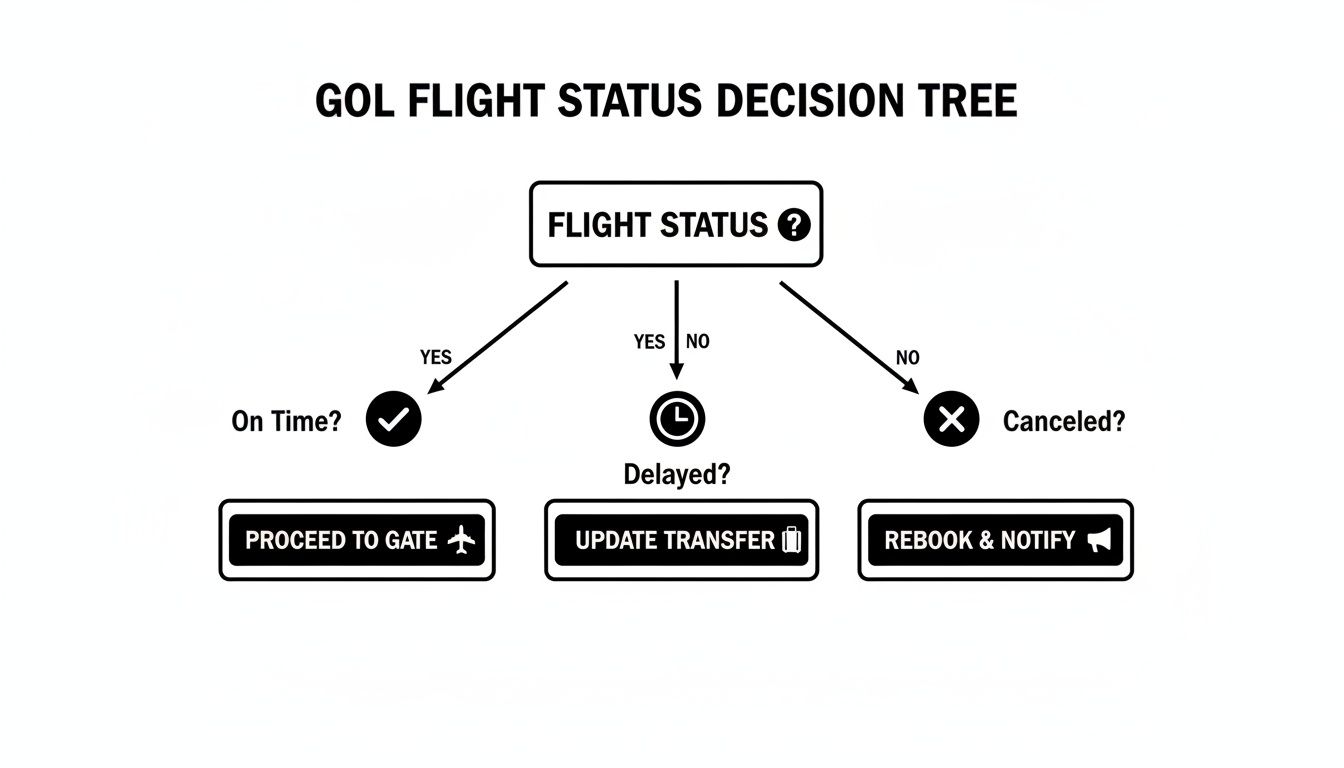 Your Guide to GOL Airlines Flight Status A GOL Flight Status Decision Tree illustrating actions for on-time, delayed, or canceled flights.