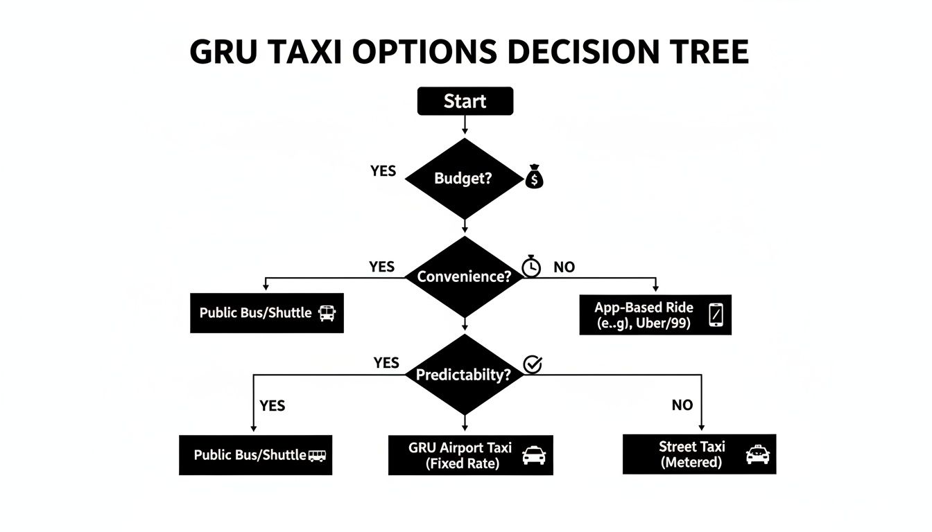 Taxi From Airport GRU A Stress-Free Arrival Guide Decision tree guiding GRU airport travelers to choose taxi options based on budget, convenience, and predictability.