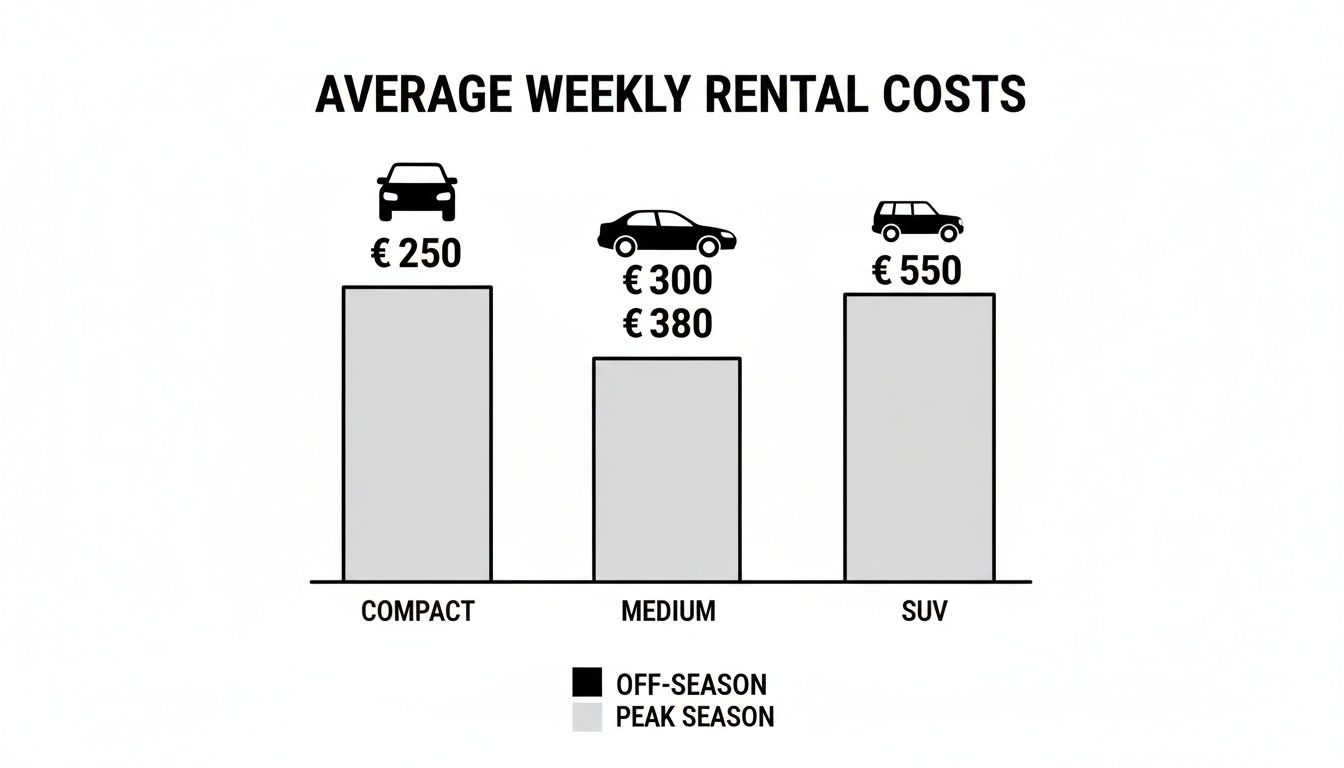 Discover car rental sao paulo international airport: Costs, Tips & More Bar chart of average weekly car rental costs for compact, medium, and SUV cars, showing peak and off-season prices.