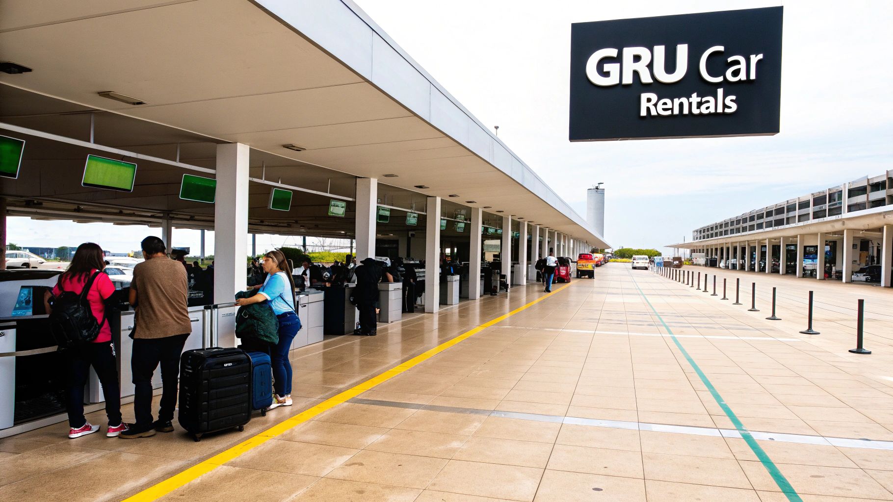 Guide to rental car sao paulo guarulhos airport: Tips and Agencies Travelers with luggage at an airport terminal, with a prominent GRU Car Rentals sign overhead.