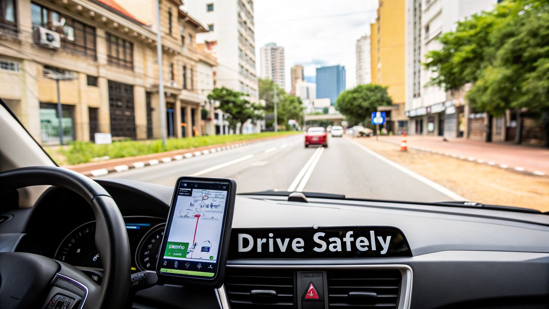 Your Guide to Rental Car Sao Paulo Guarulhos Airport Dashboard view inside a car with a navigation app on a smartphone and a 'Drive Safely' sign, driving on a city street.