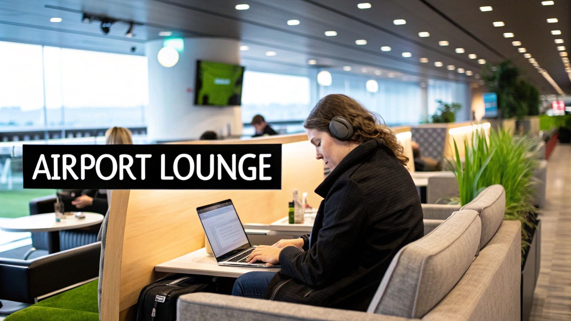 Navigating Aeroporto de Guarulhos Terminal 3 Woman working on laptop with headphones in modern airport lounge with comfortable seating