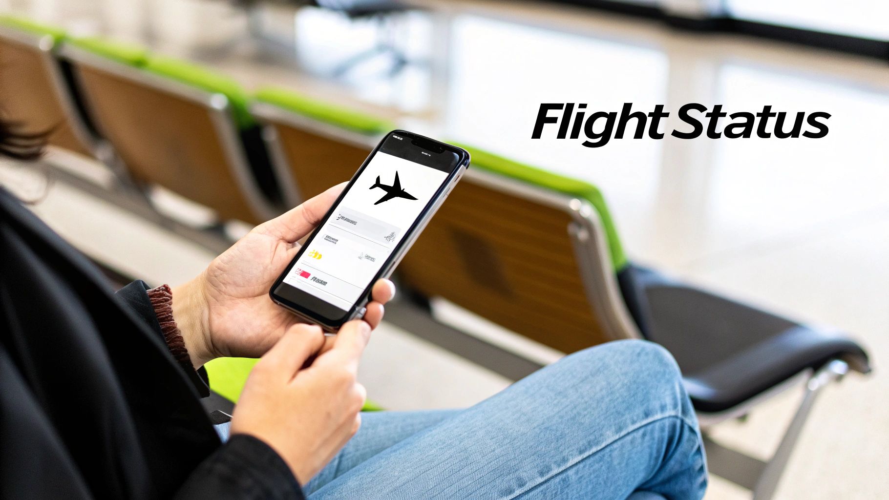 Your Guide to GOL Airlines Flight Status A person holding a smartphone displaying a flight status app in an airport waiting area.