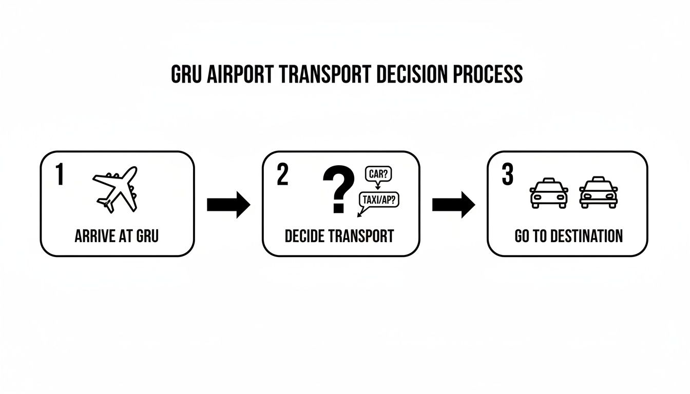 Flowchart showing GRU airport transport decision process from arrival to destination by car or taxi.