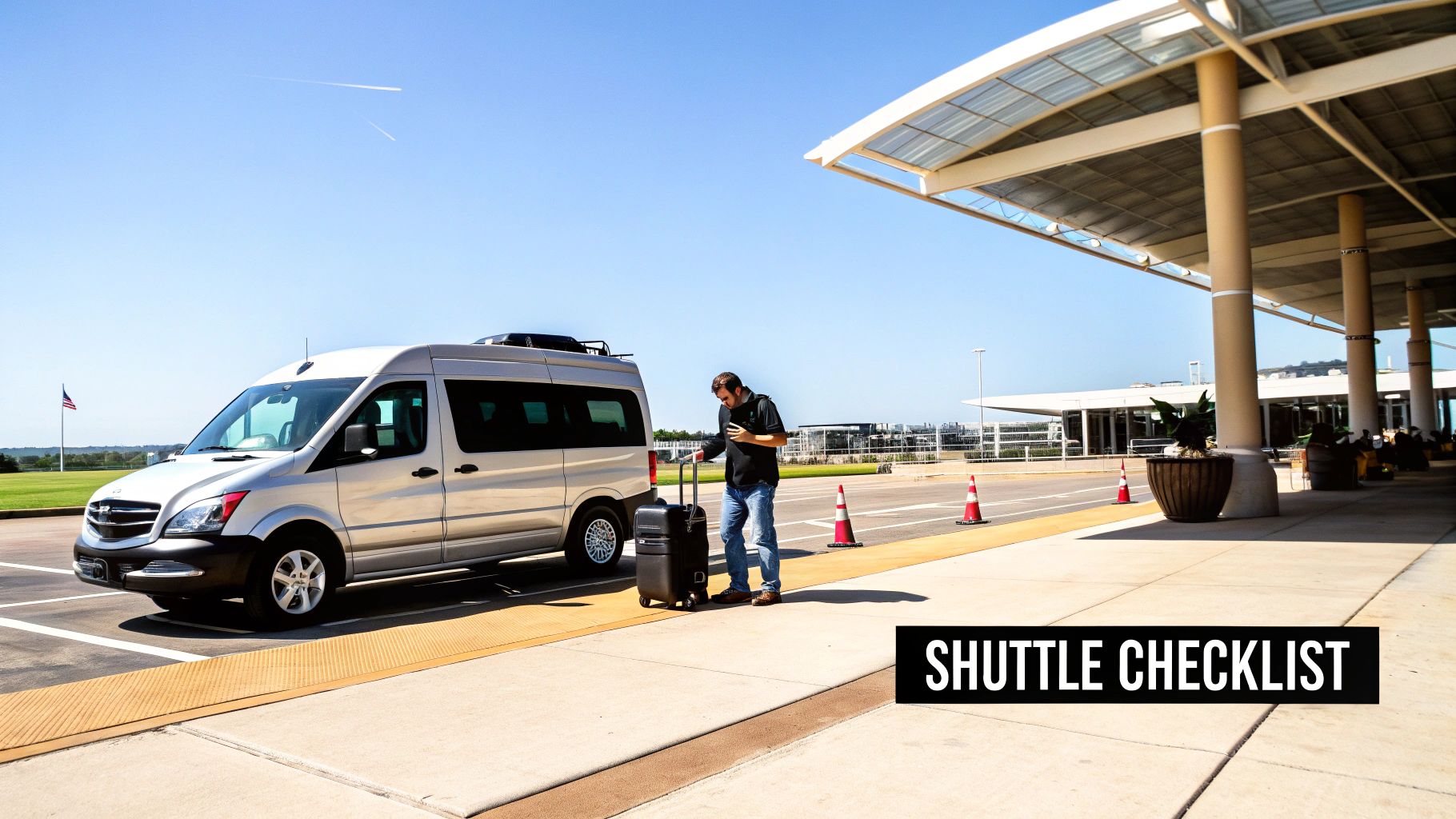 Finding a Reliable Airport Shuttle Service at GRU A man with luggage stands next to a silver shuttle van at an airport terminal on a sunny day.