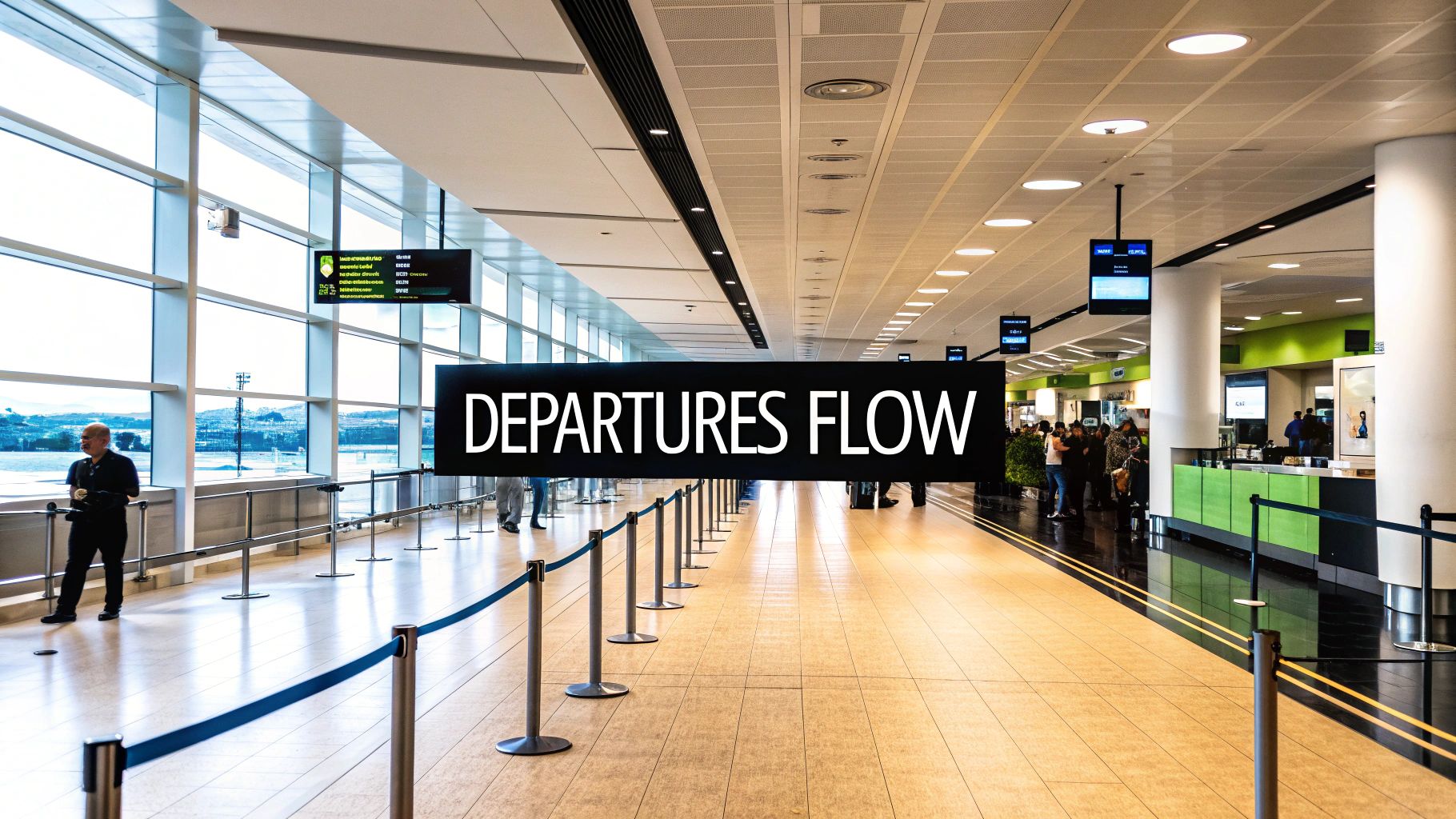 The Ultimate Mapa Terminal 3 Guarulhos Airport Guide An airport departures terminal with people, screens, windows, and queue barriers, featuring a 'DEPARTURES FLOW' banner.