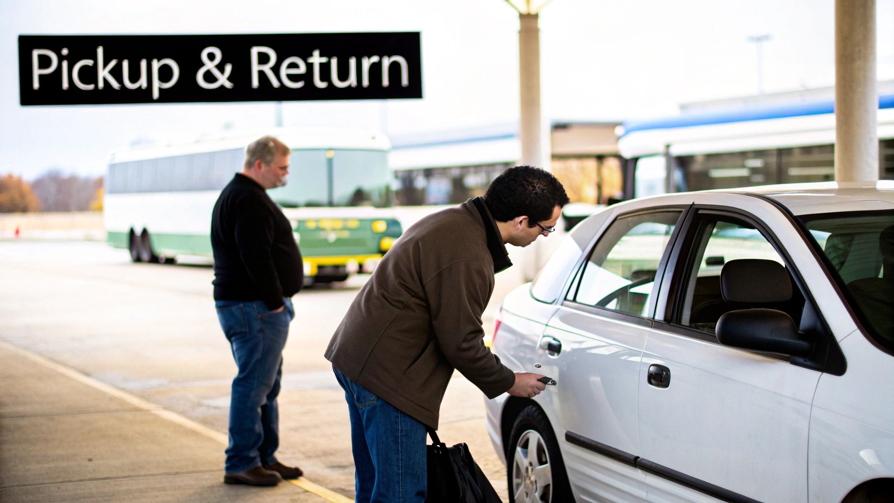 Two men at a car rental pickup and return area, one opening a white car.