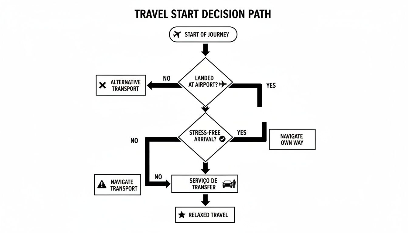 A flowchart illustrating the travel start decision path, including airport arrival, stress-free options, and transfer service.