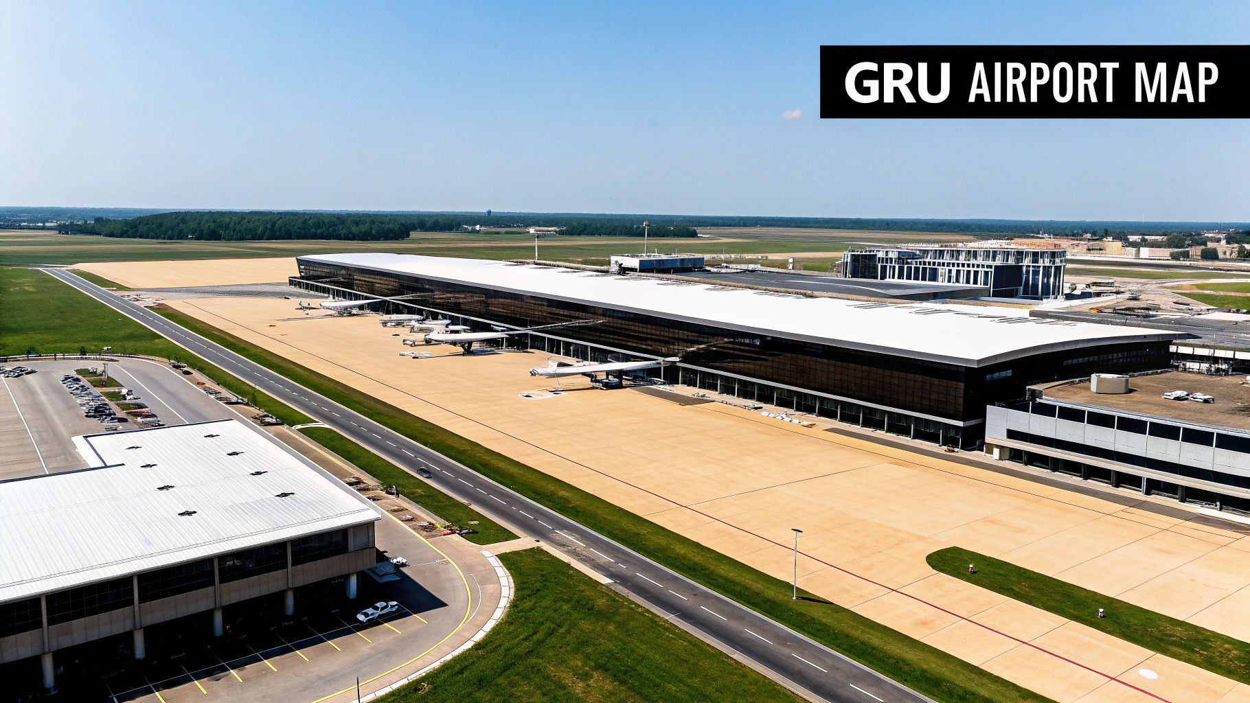Aerial view of GRU Airport showing the terminal building, parked airplanes, and runways under a clear sky.