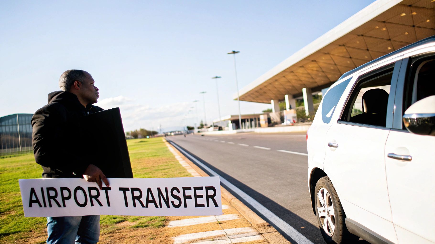Your Guide to Terminal Avianca Guarulhos (GRU) Professional driver holding airport transfer sign waiting beside white vehicle at terminal