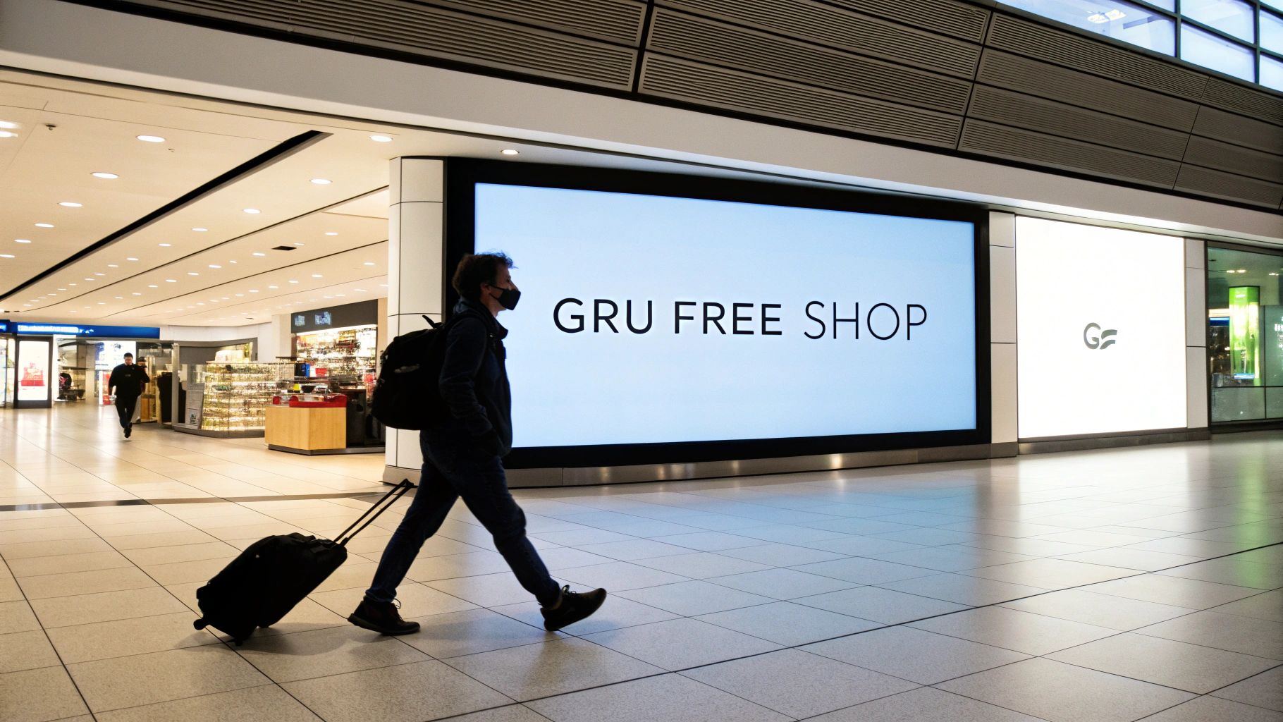 Your Guide to the Free Shop Guarulhos at GRU Airport A masked traveler with luggage walks past a 'GRU FREE SHOP' sign in a brightly lit airport concourse.