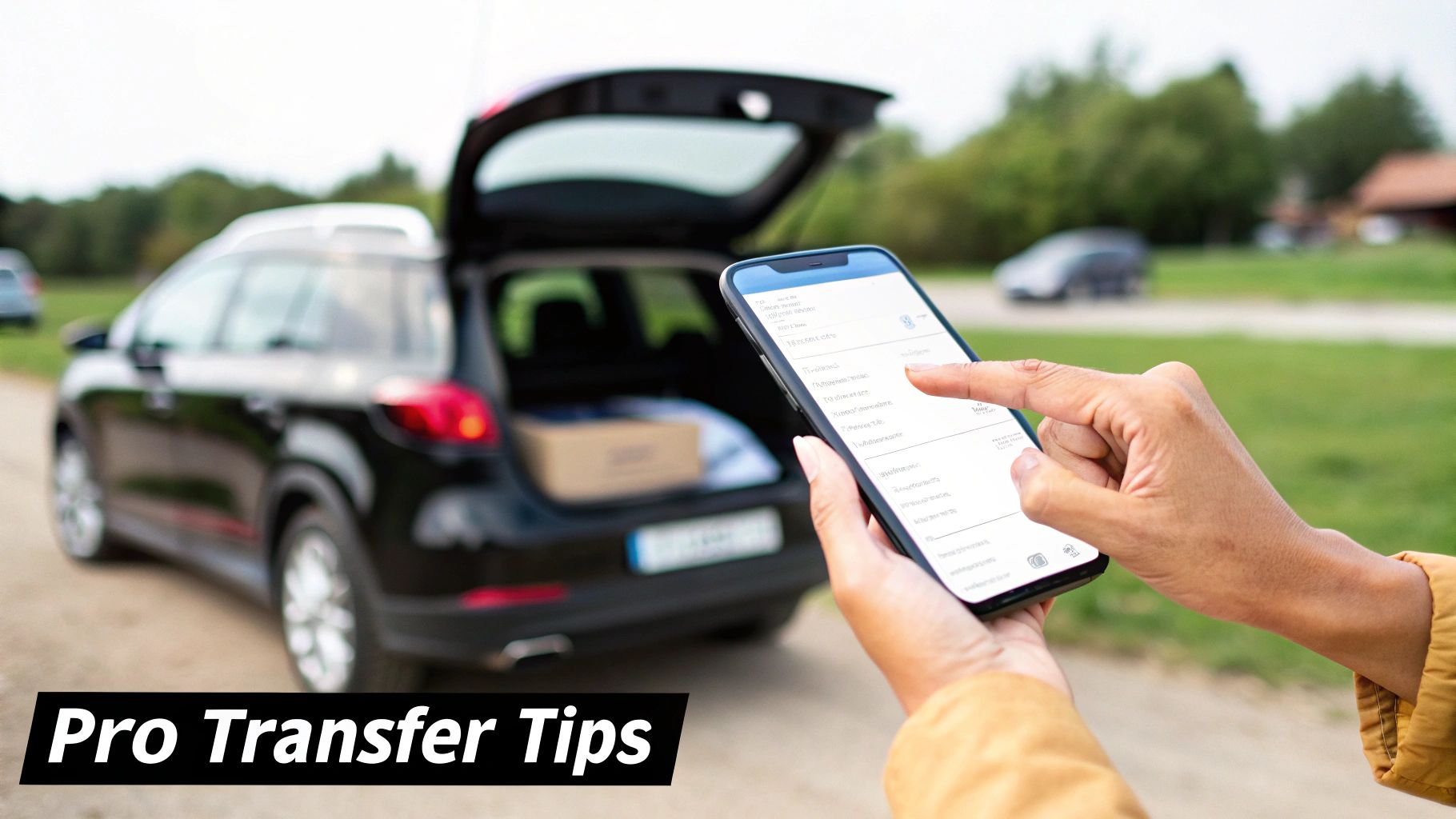 A person uses a smartphone app next to an SUV with an open trunk, suggesting 'Pro Transfer Tips'.