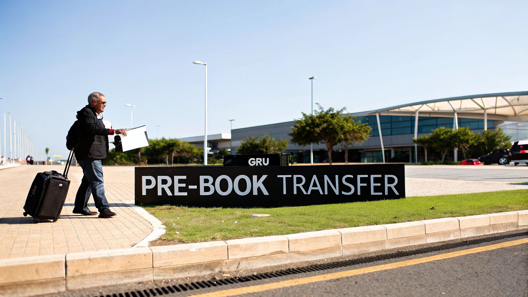 Which Is the Biggest Airport in Brazil? A Traveler's Guide A traveler pulls his suitcase past a "Pre-Book Transfer GRU" sign outside an airport.