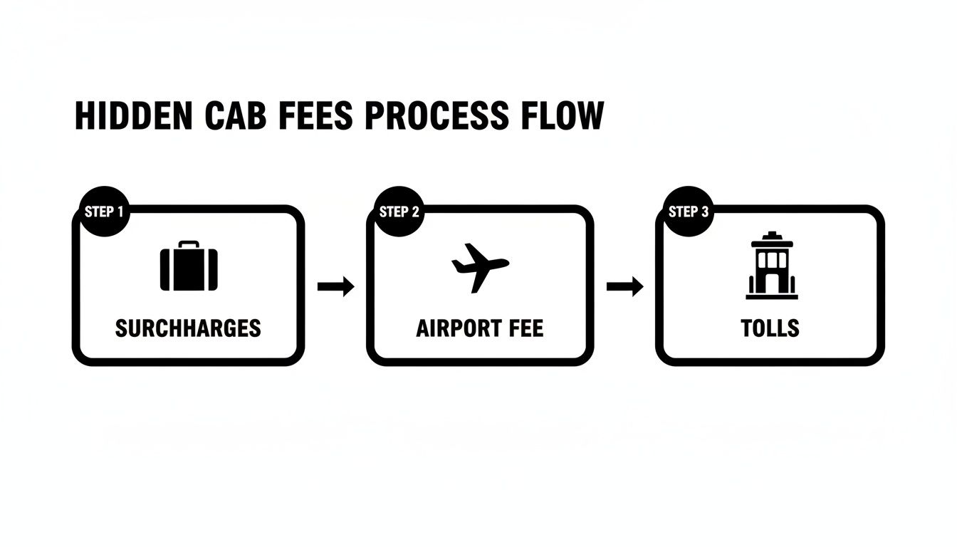 A process flow diagram illustrating hidden cab fees: Surcharges, Airport Fee, and Tolls, presented in three steps.