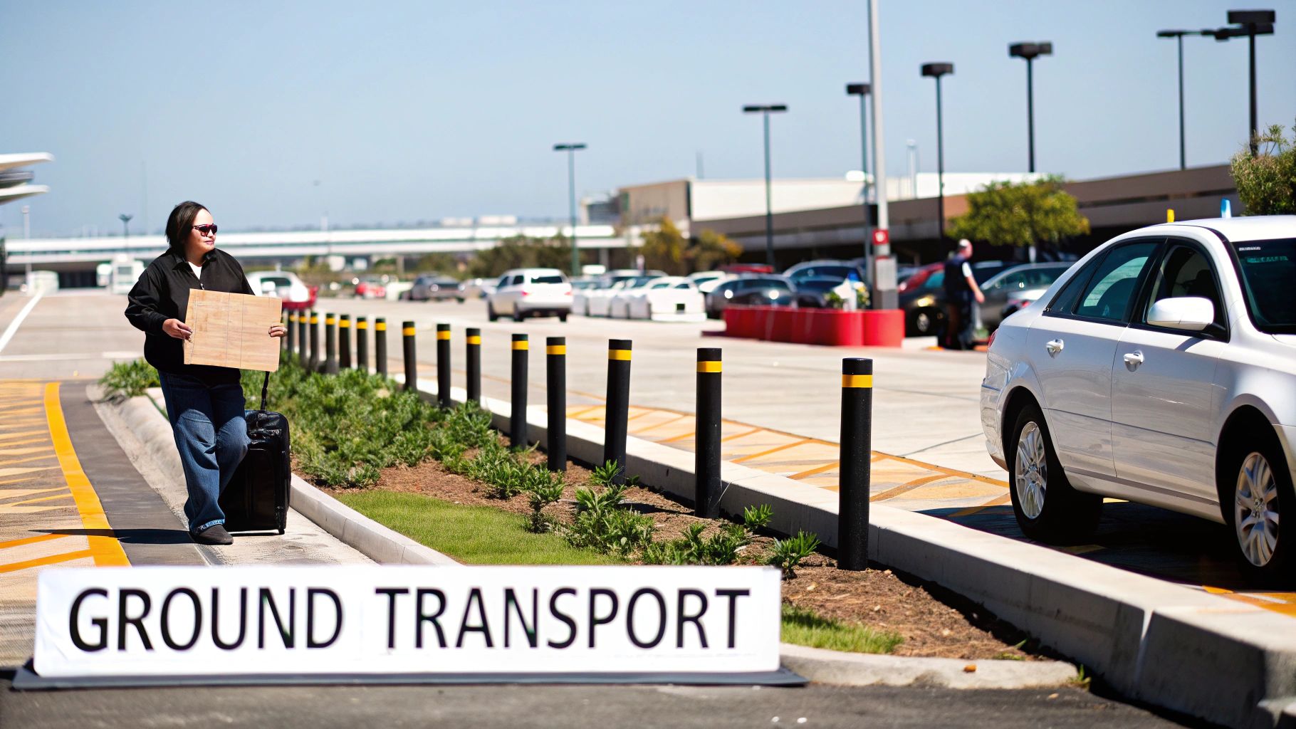 A person with a suitcase and a blank sign walking past "GROUND TRANSPORT" signage at an airport.