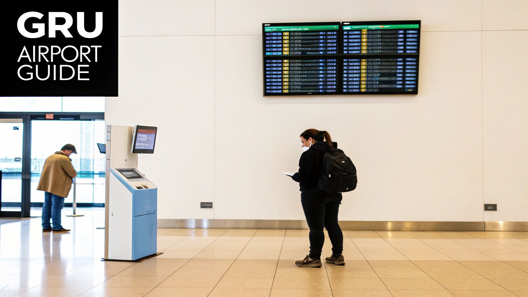 A Traveler's Guide to GRU Airport Flights Woman with backpack and mask in GRU airport terminal, checking papers by a departures board.