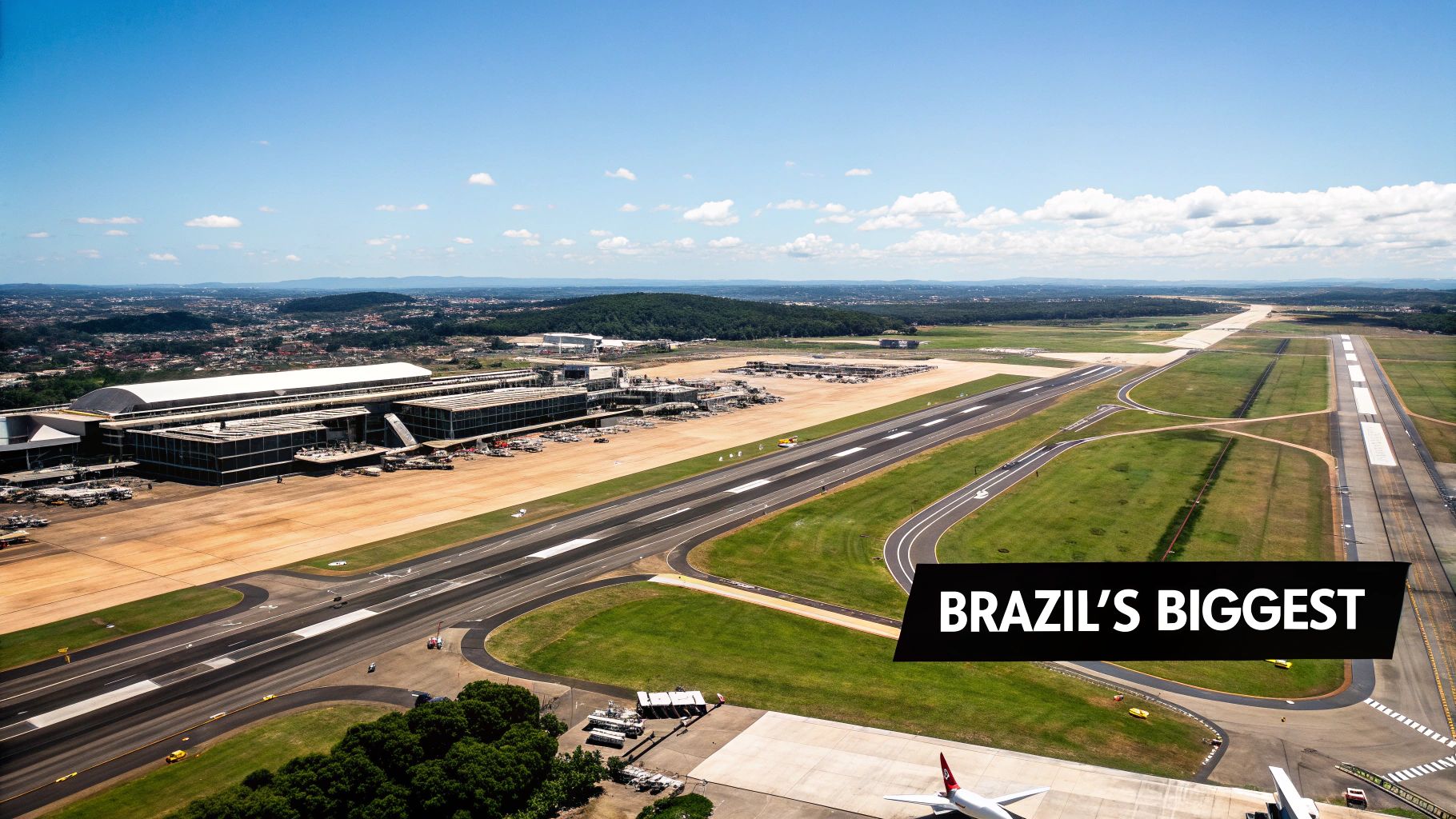 Which Is the Biggest Airport in Brazil? A Traveler's Guide Aerial view of a sprawling airport complex with multiple runways, terminals, and parked airplanes under a clear blue sky, featuring text 'BRAZIL'S BIGGEST'.