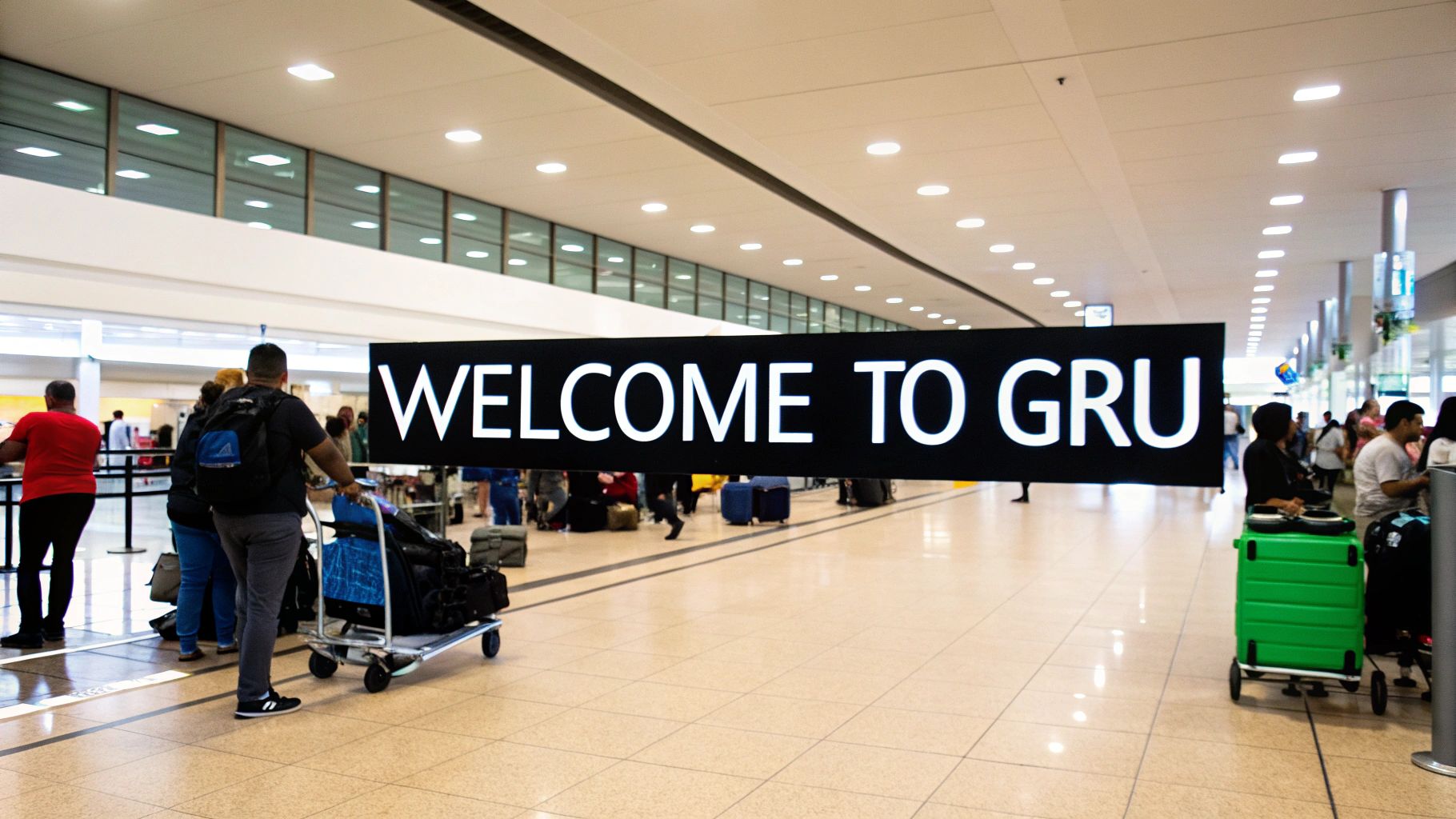 A Traveler's Guide to Navigating Sao Paulo Airport A large 'WELCOME TO GRU' sign hangs in a bustling airport terminal with travelers and luggage.