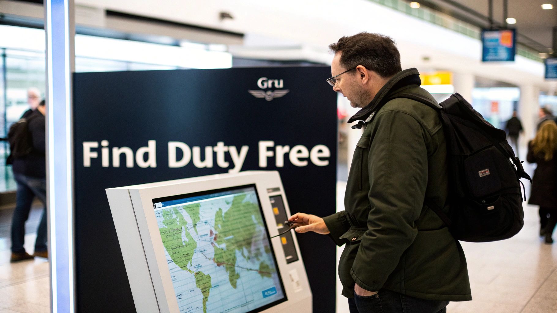 Your Guide to the Free Shop Guarulhos at GRU Airport Man with glasses uses an interactive touchscreen map at an airport to find duty-free.