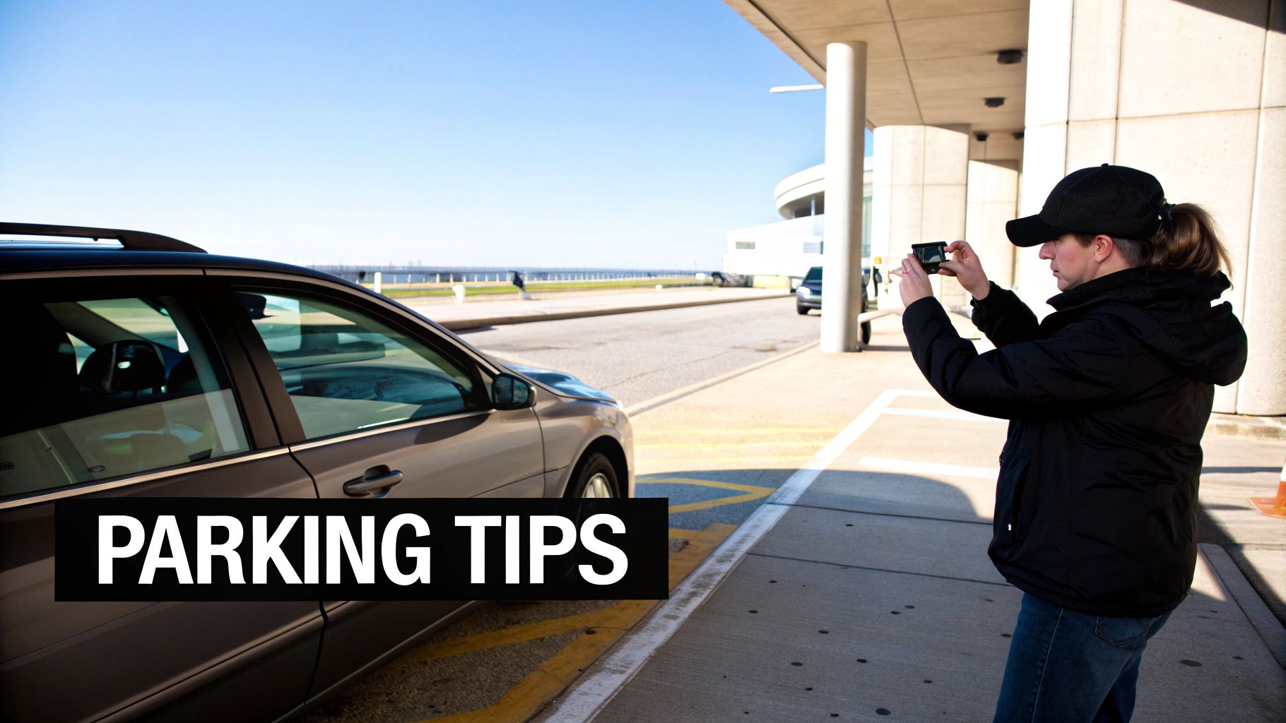A person in a black cap and jacket photographs a parked car at an airport or coastal area.