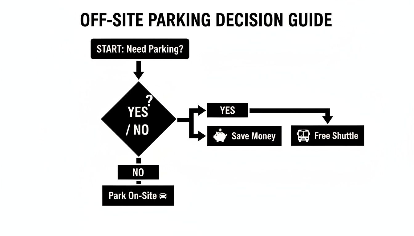 Flowchart illustrating an off-site parking decision guide with options for free shuttle, saving money, or parking on-site.