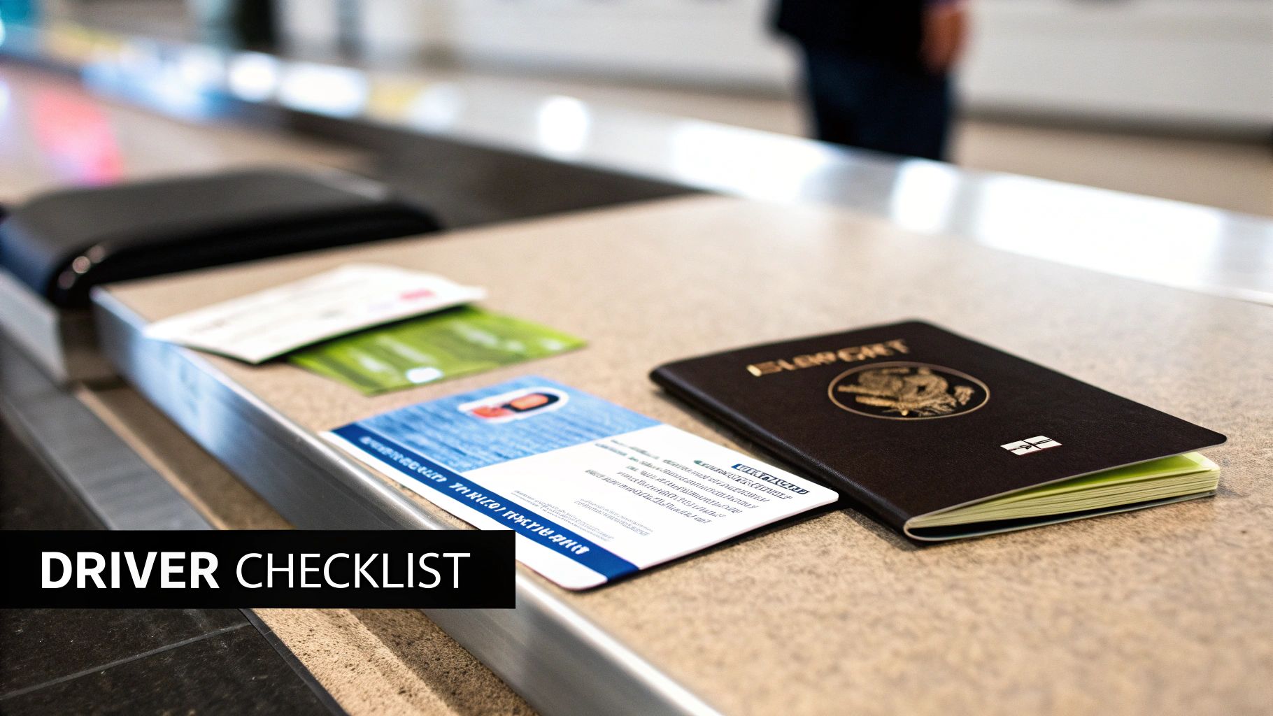 A close-up of a black passport, a driver's license, and other cards on a counter.