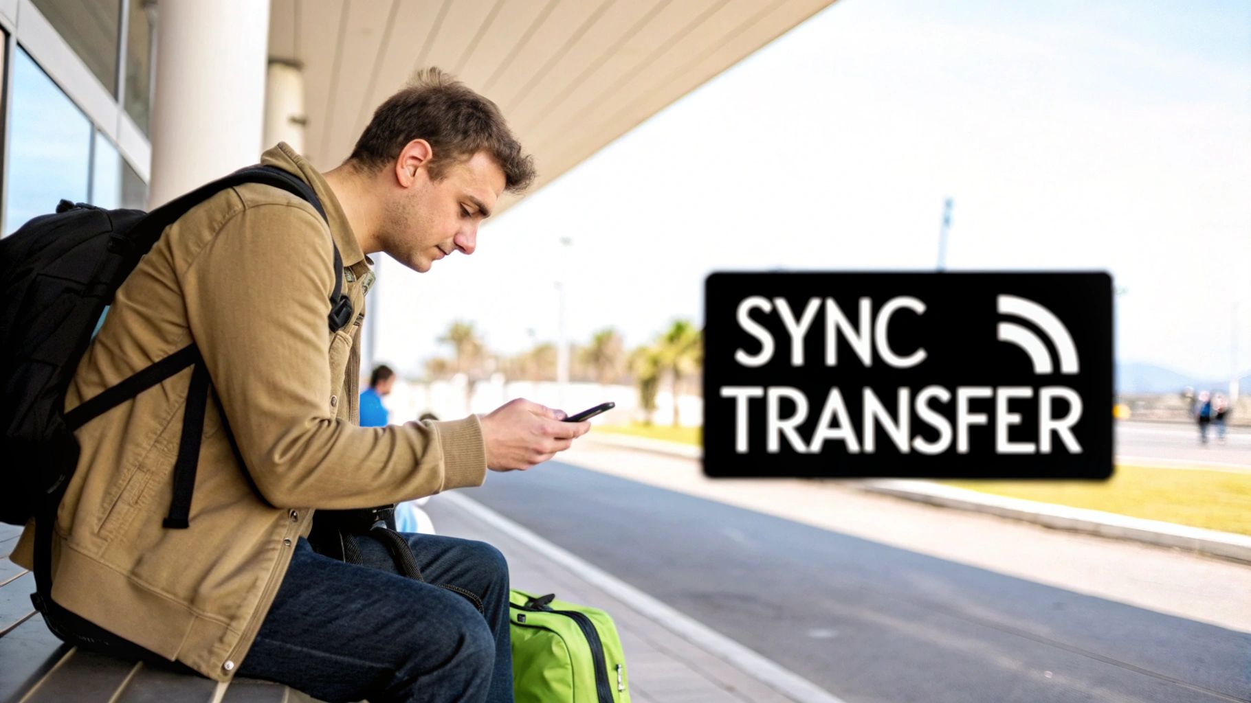 Your Guide to GOL Airlines Flight Status A man with a backpack and green bag sits on a bench, looking at his smartphone, with a blurred 'SYNC TRANSFER' sign.