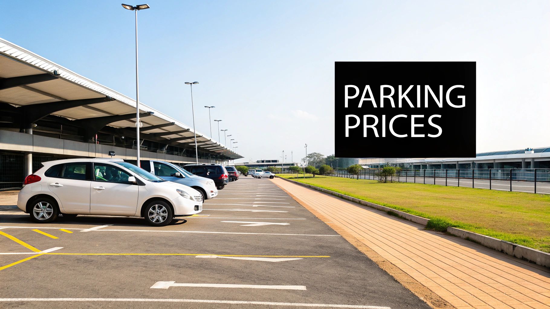 An outdoor parking lot with cars parked next to a modern building, displaying a 'PARKING PRICES' sign.