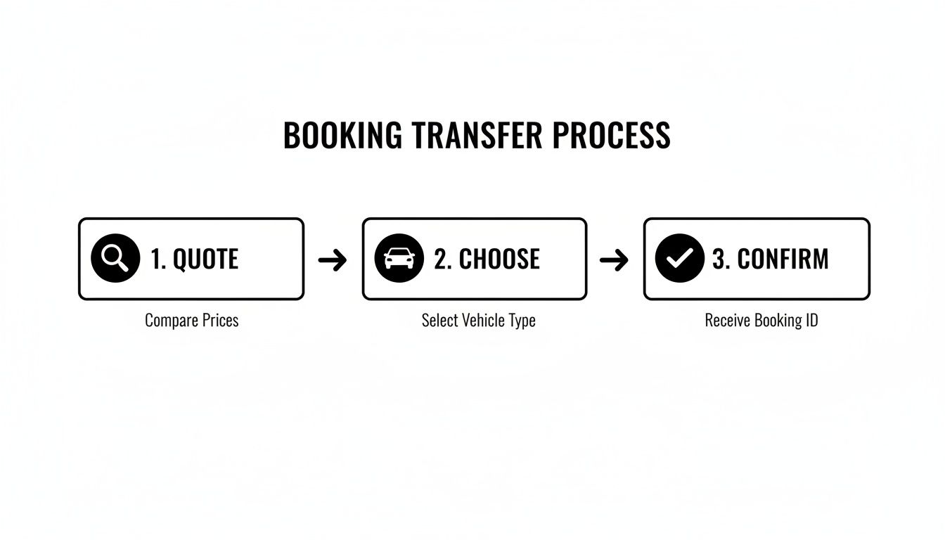 A three-step booking transfer process showing quote, choose vehicle, and confirm booking details.