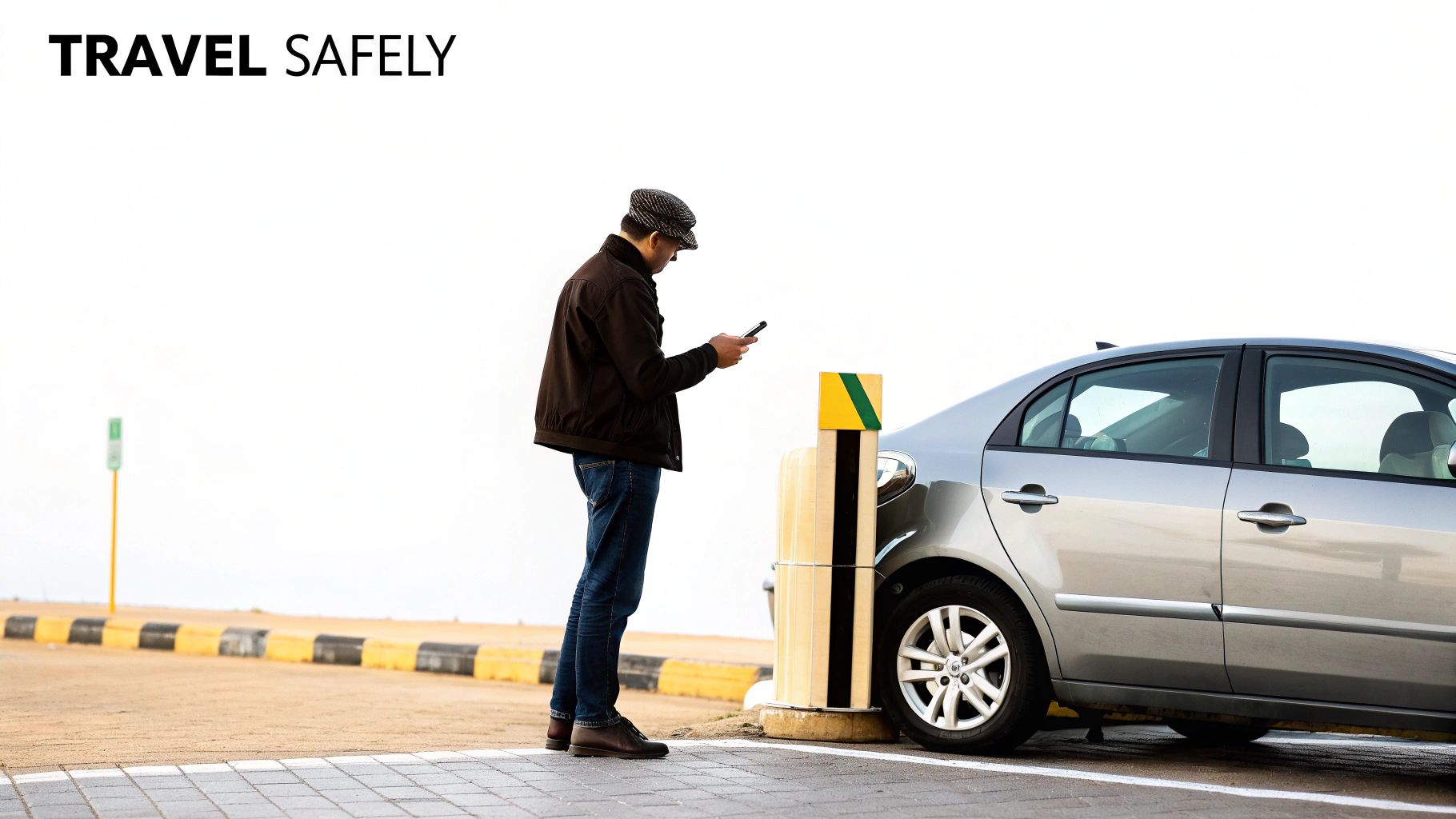 Ride Sharing Service for Airport Travel A Traveler's Guide A man wearing a cap and jacket checks his phone next to a silver car, possibly for a ride-sharing service.