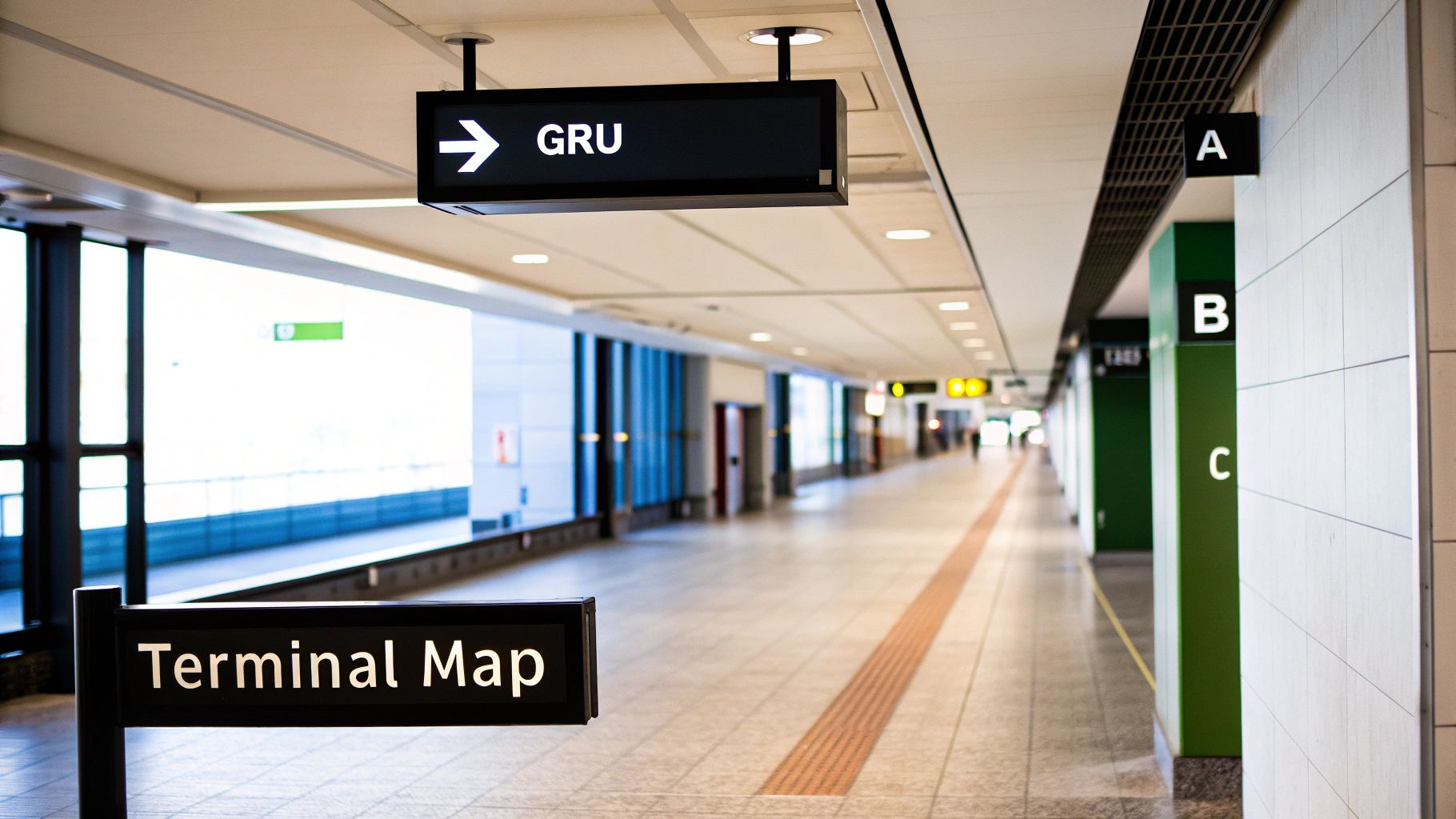 A Traveler's Guide to GRU Airport Flights A well-lit airport terminal hallway with signs pointing to GRU and a terminal map.