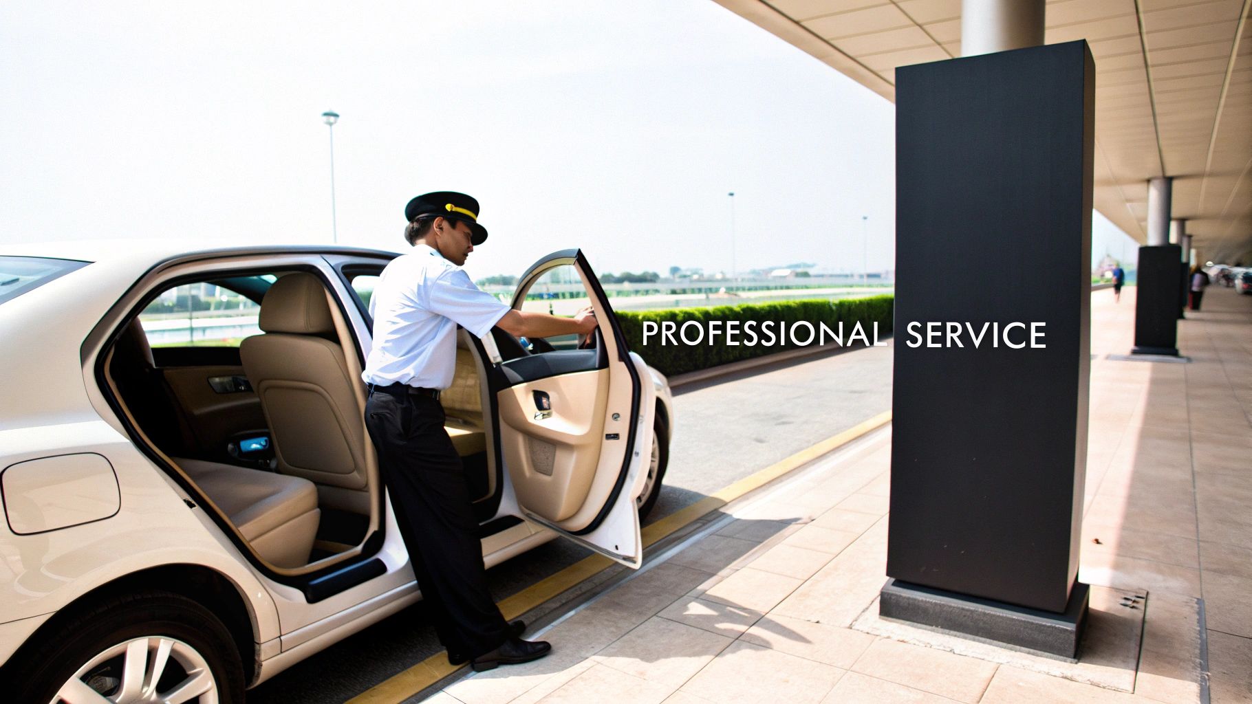 A uniformed chauffeur opens the door of a white luxury car at an airport curb, offering professional service.