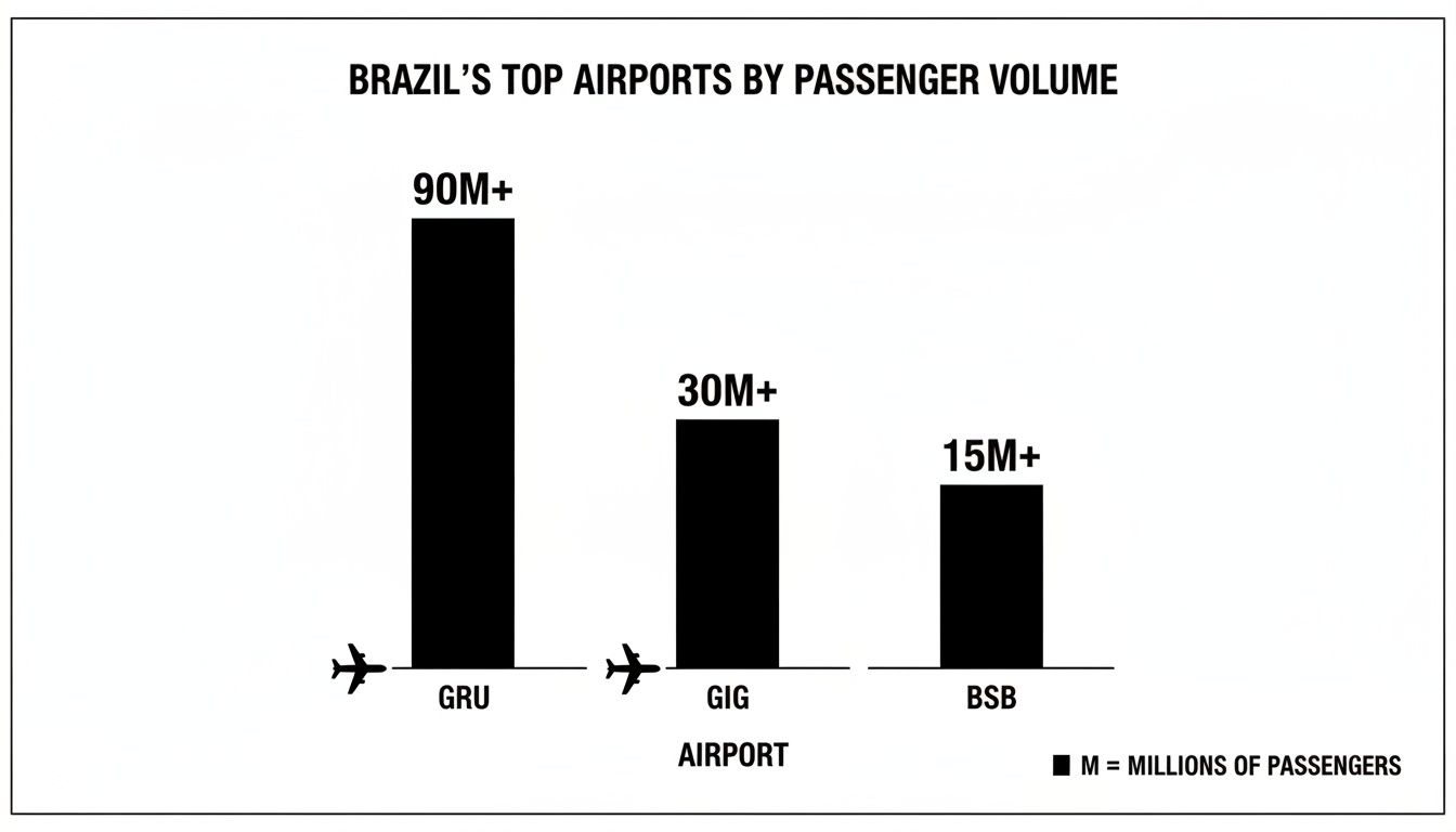 Which Is the Biggest Airport in Brazil? A Traveler's Guide Bar chart illustrating Brazil's top airports by passenger volume: GRU (90M+), GIG (30M+), and BSB (15M+).