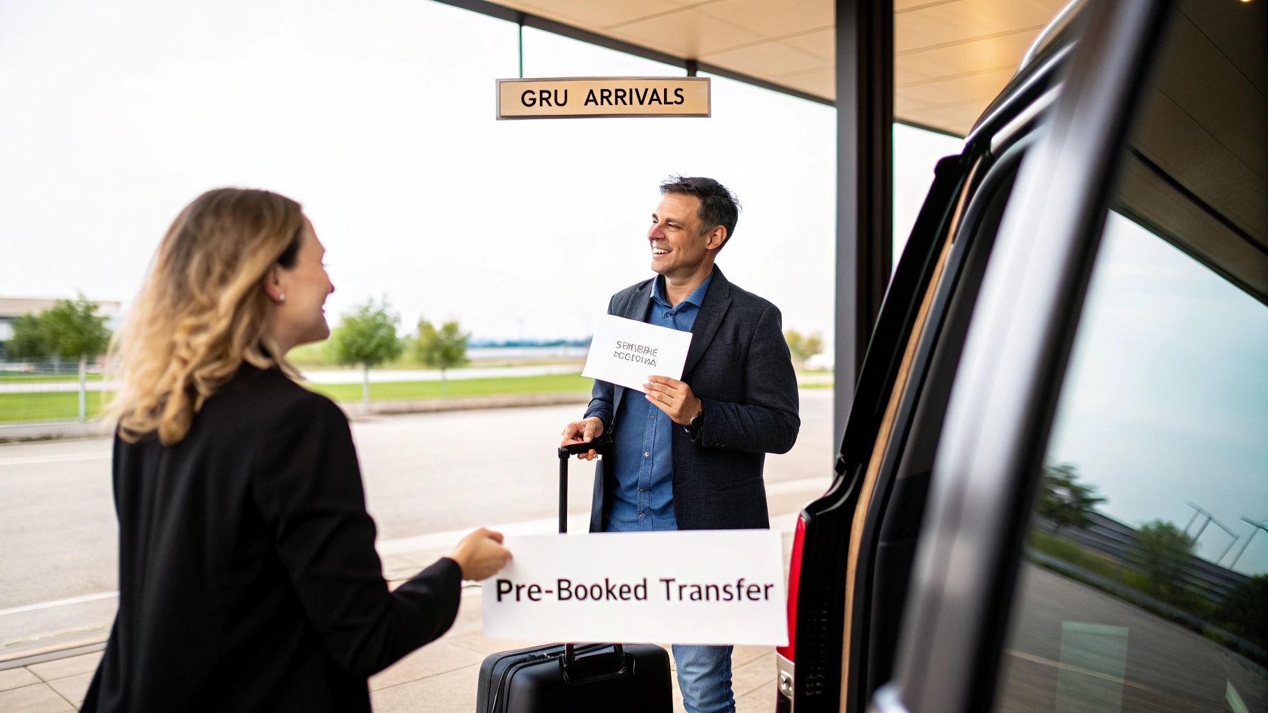 Taxi From Airport GRU A Stress-Free Arrival Guide Smiling man with luggage meets a woman holding a 'Pre-Booked Transfer' sign at airport arrivals.
