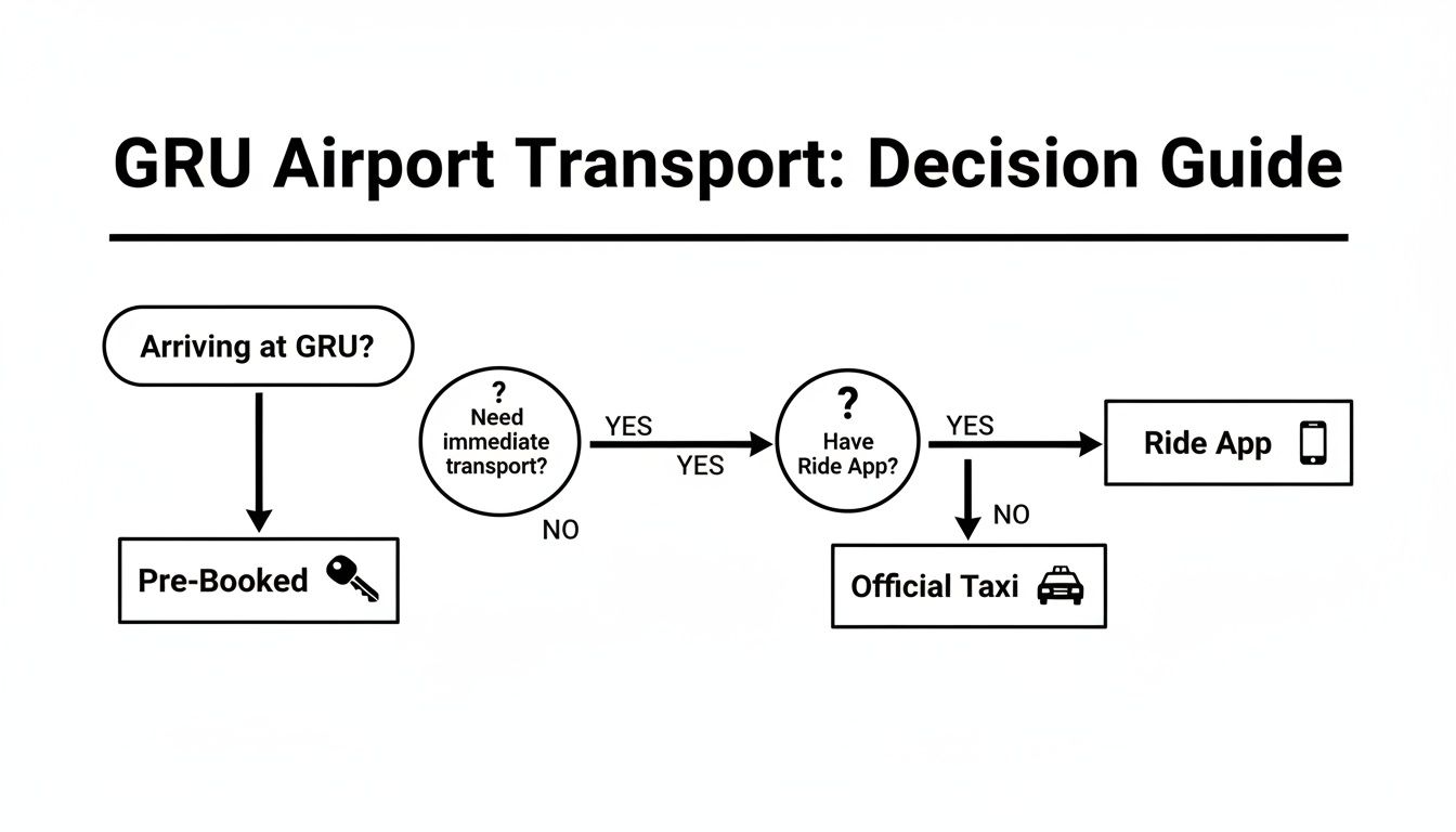 Guia Completo: taxi do aeroporto de guarulhos A decision guide flowchart for GRU Airport transport. It outlines choices between pre-booked, ride-apps, or official taxis.