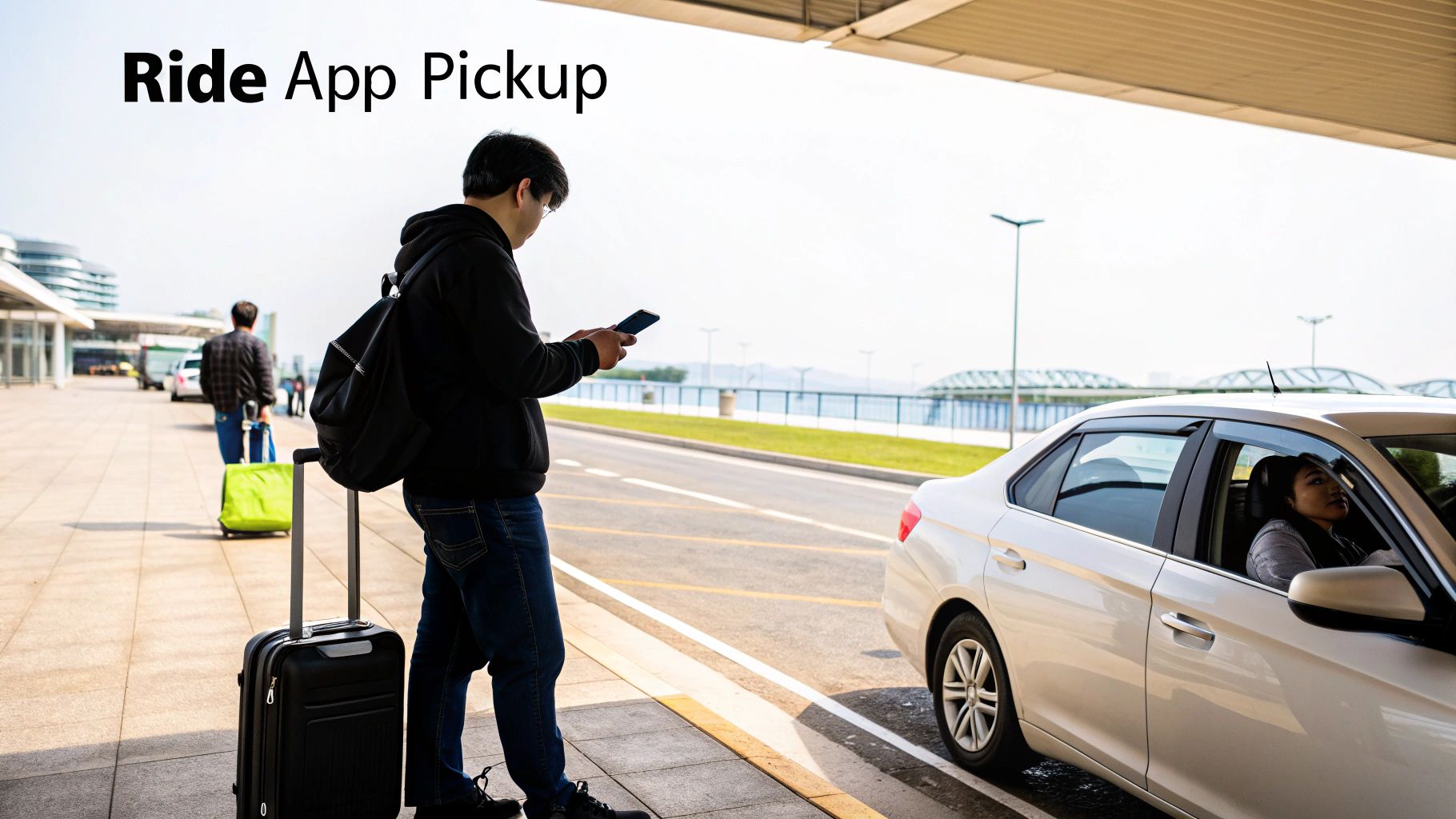 Taxi From Airport GRU A Stress-Free Arrival Guide A traveler with luggage checks his phone for a ride-share app pickup at the airport.