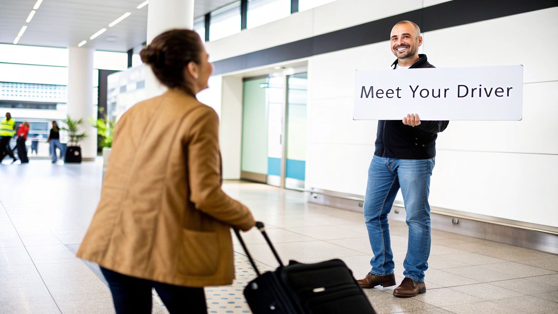 A smiling driver holds a "Meet Your Driver" sign for a woman arriving with luggage at the airport.