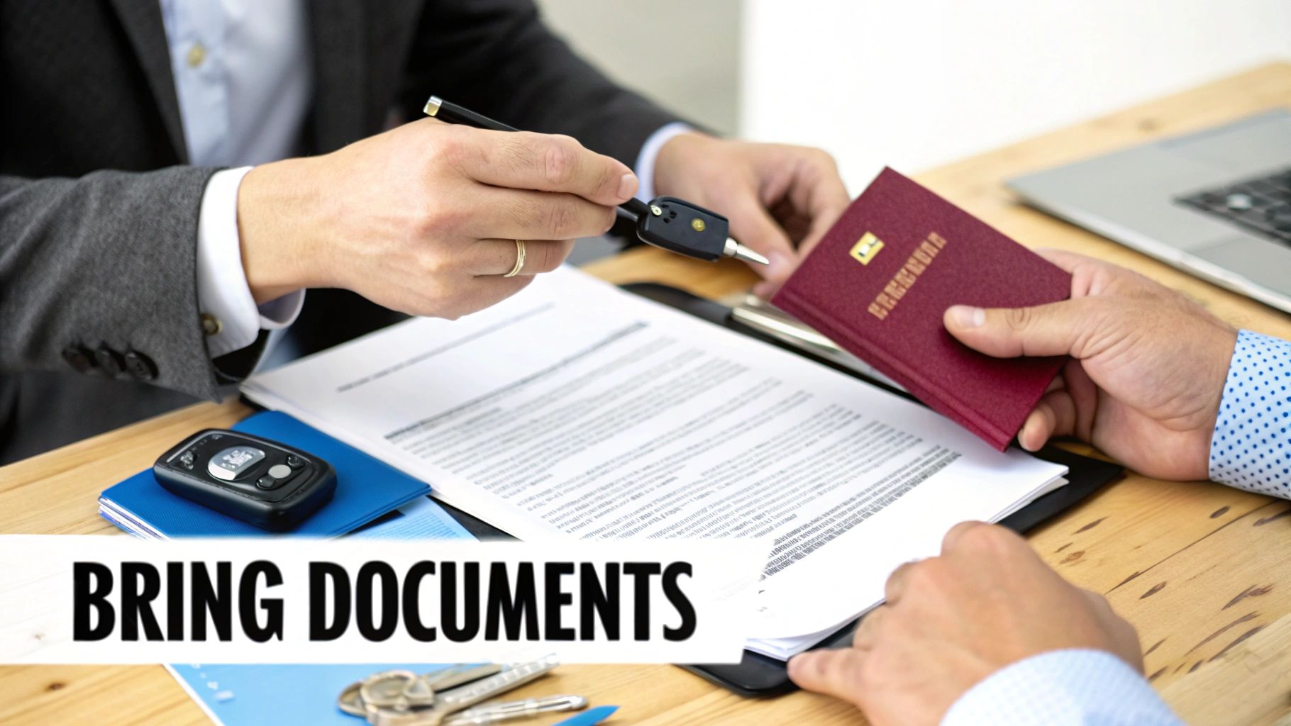 Guide to rental car sao paulo guarulhos airport: Tips and Agencies Two people exchanging documents, car keys, and a passport on a wooden desk, likely for a car rental.