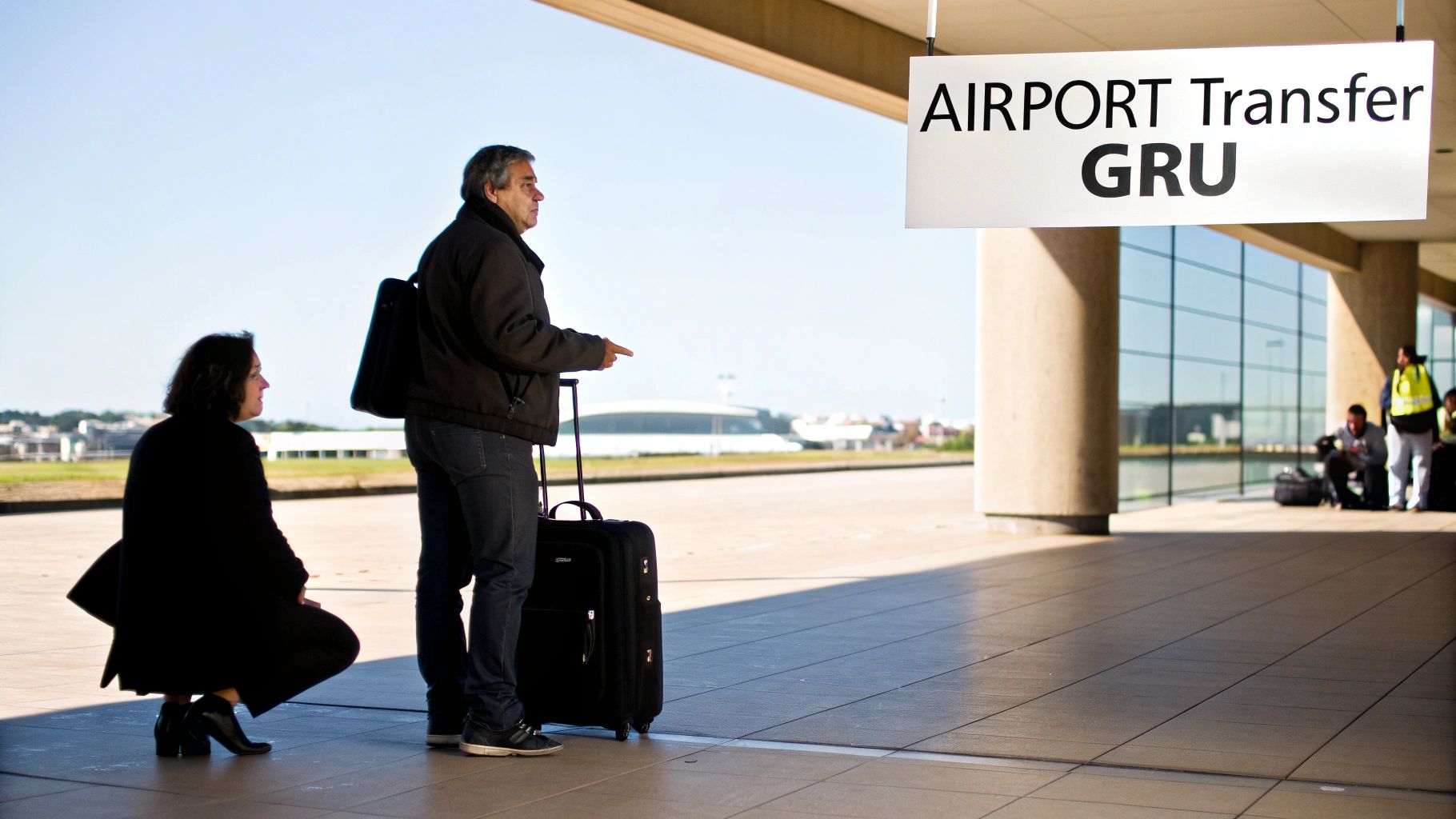 Two travelers, a man and a woman, with luggage await an airport transfer at GRU terminal.