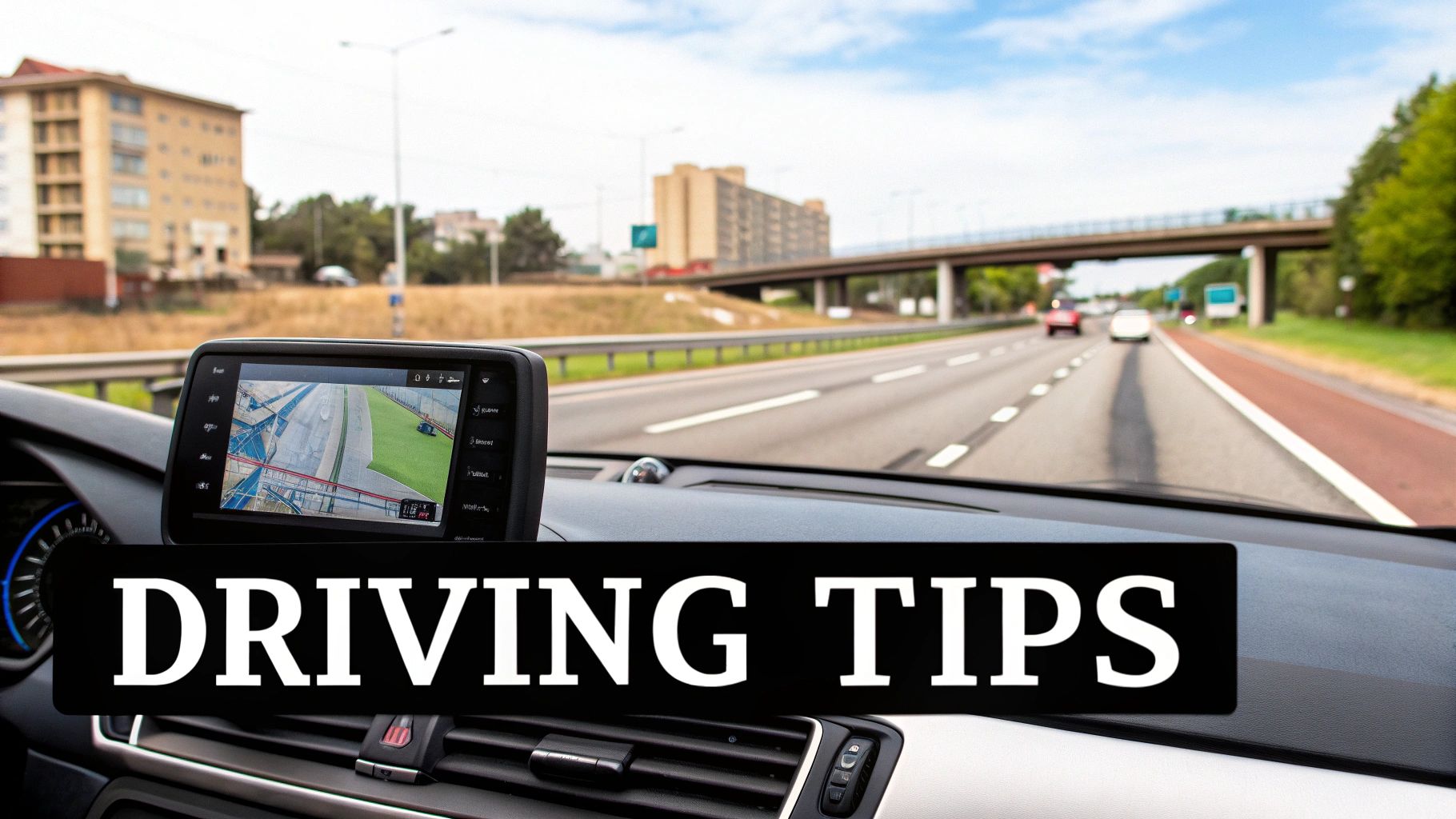 Dashboard view inside a car showing a navigation screen, a highway, and the text 'DRIVING TIPS'.
