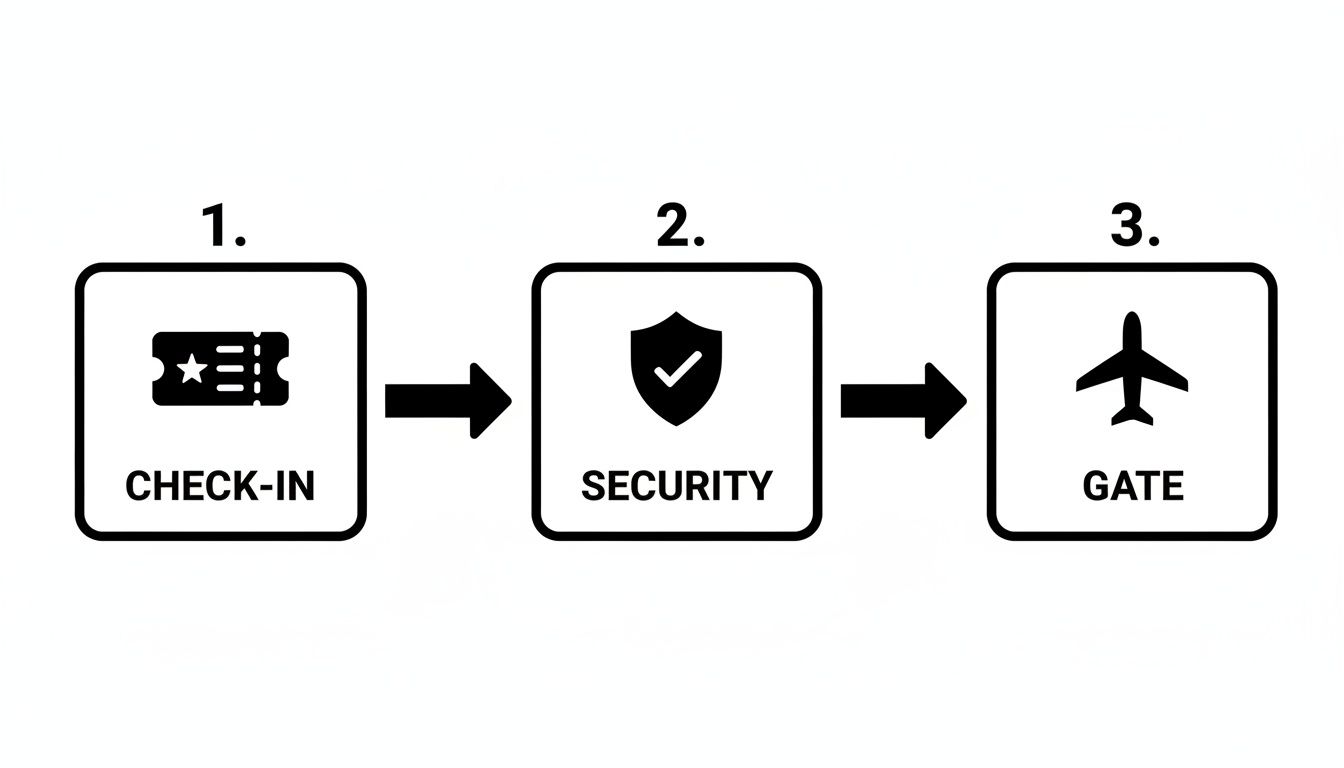 A diagram illustrating the three-step airport process: 1. Check-in (with ticket icon), 2. Security (with shield icon), 3. Gate (with airplane icon).