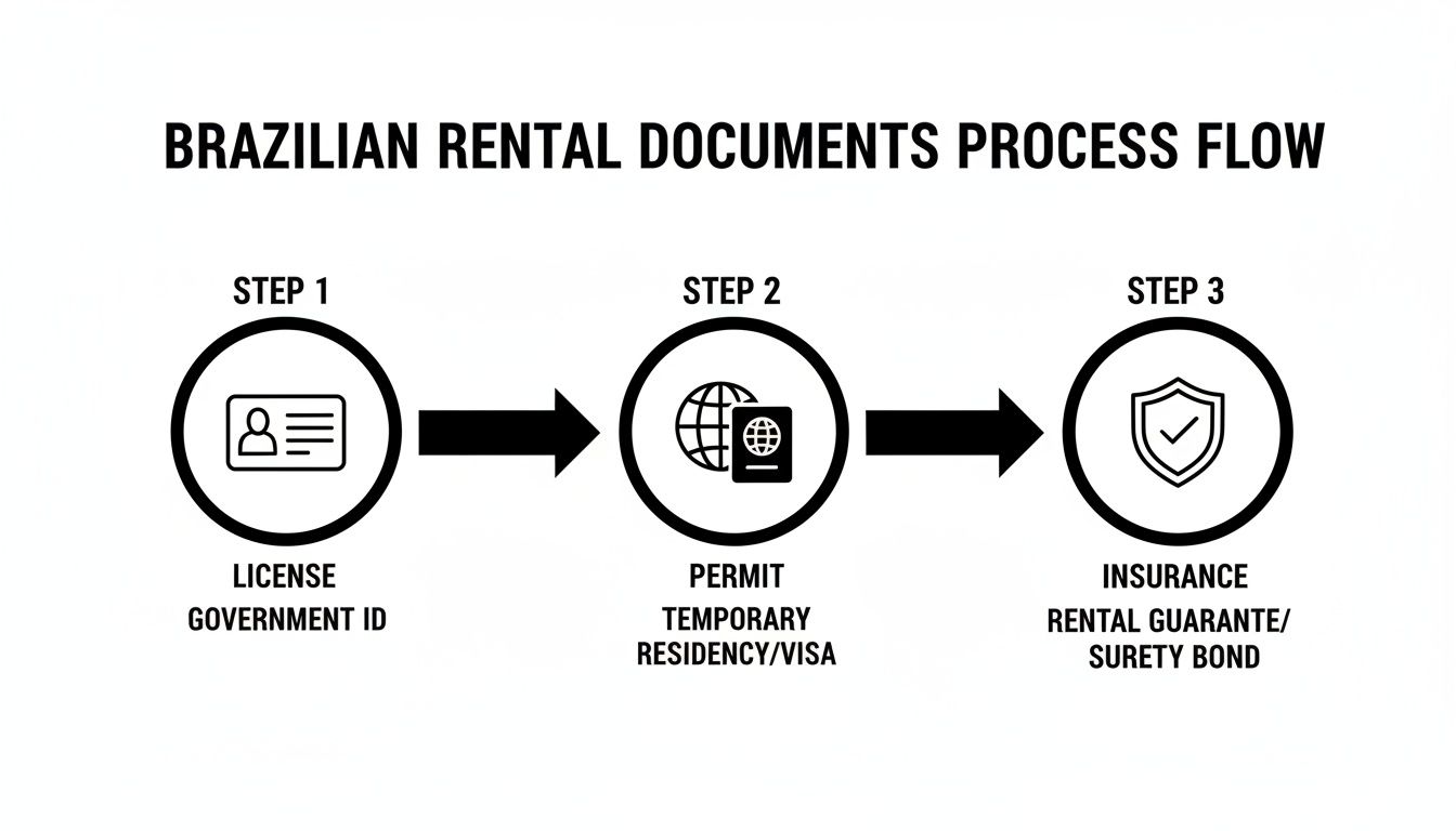 Flowchart illustrating the three-step Brazilian rental documents process: government ID, temporary residency/visa, and rental insurance.