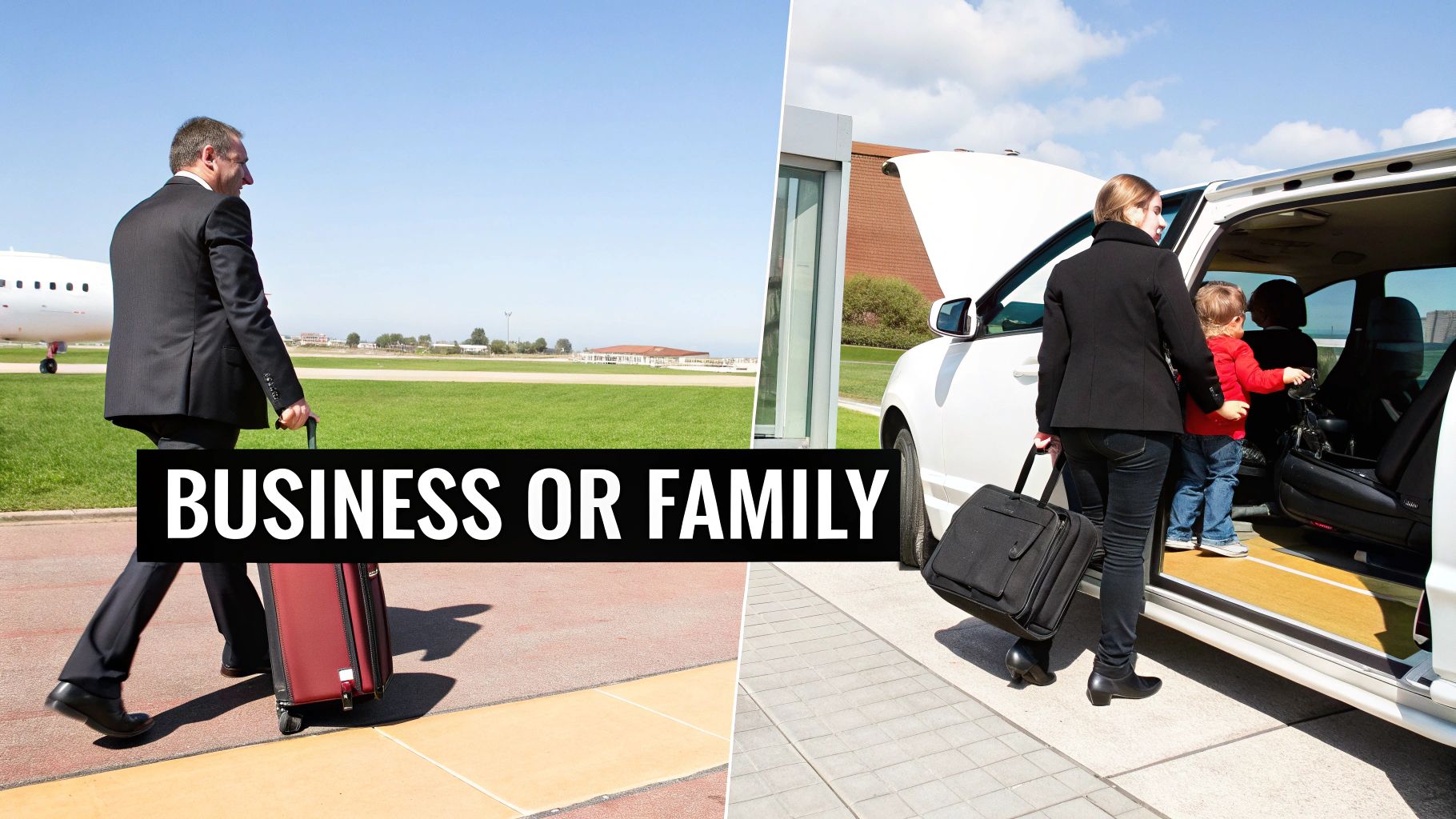 Finding a Reliable Airport Shuttle Service at GRU A split image contrasting a businessman walking at an airport with a family getting into a car, representing business or family travel.