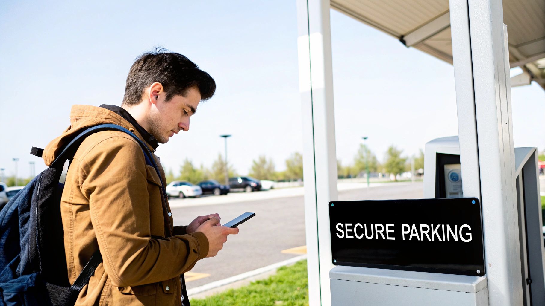 Quanto Custa O Estacionamento Do Aeroporto De Guarulhos A Full Guide A man checking his phone next to a 'SECURE PARKING' sign in an outdoor parking area.