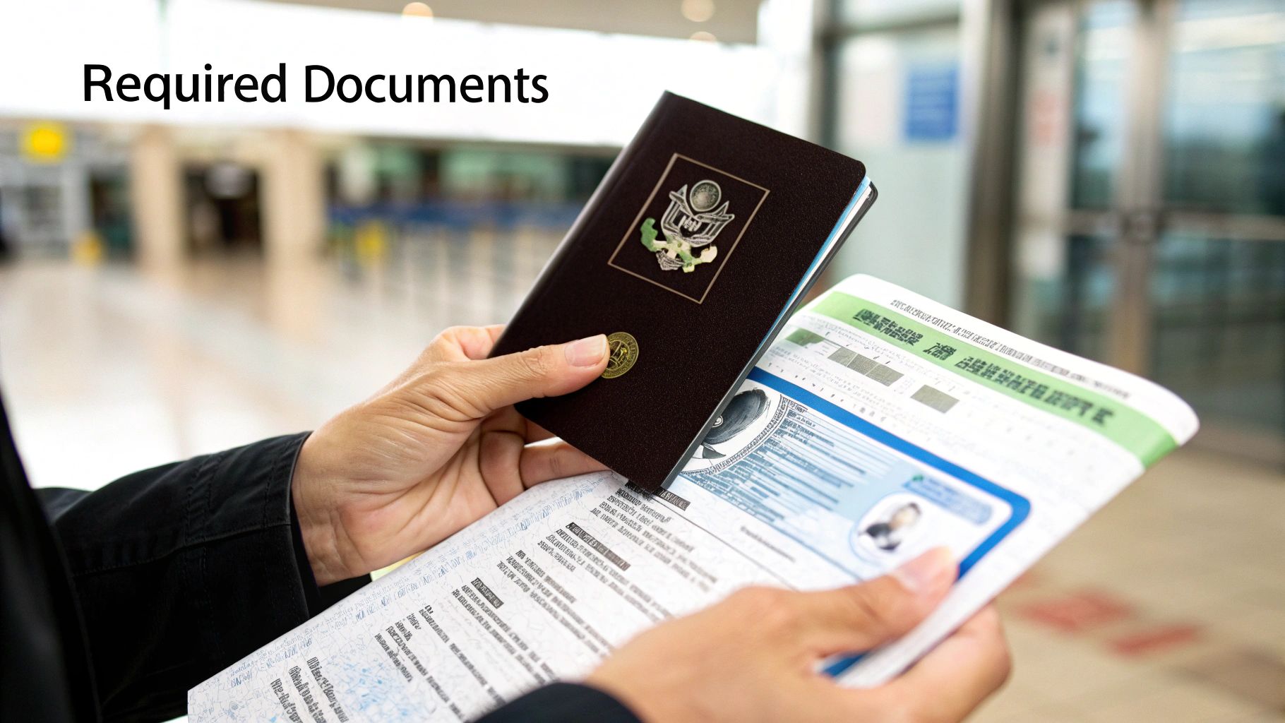 Guarulhos Airport Car Rentals Or Transfers Your Best Pick Close-up of a person holding a dark passport and another document, possibly at an airport, with 'Required Documents' text.
